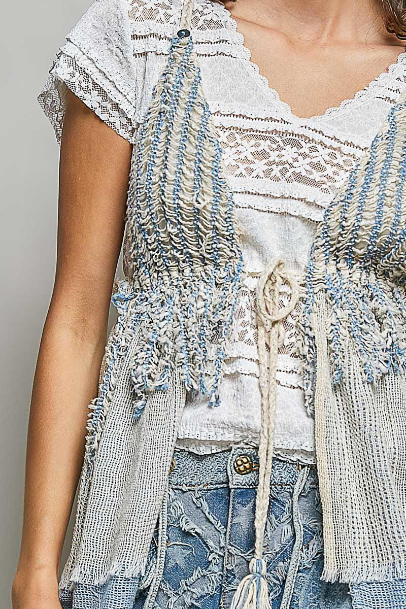 POL Subtle Stripe Pattern Cross-Back String Top with Center Tie Detail