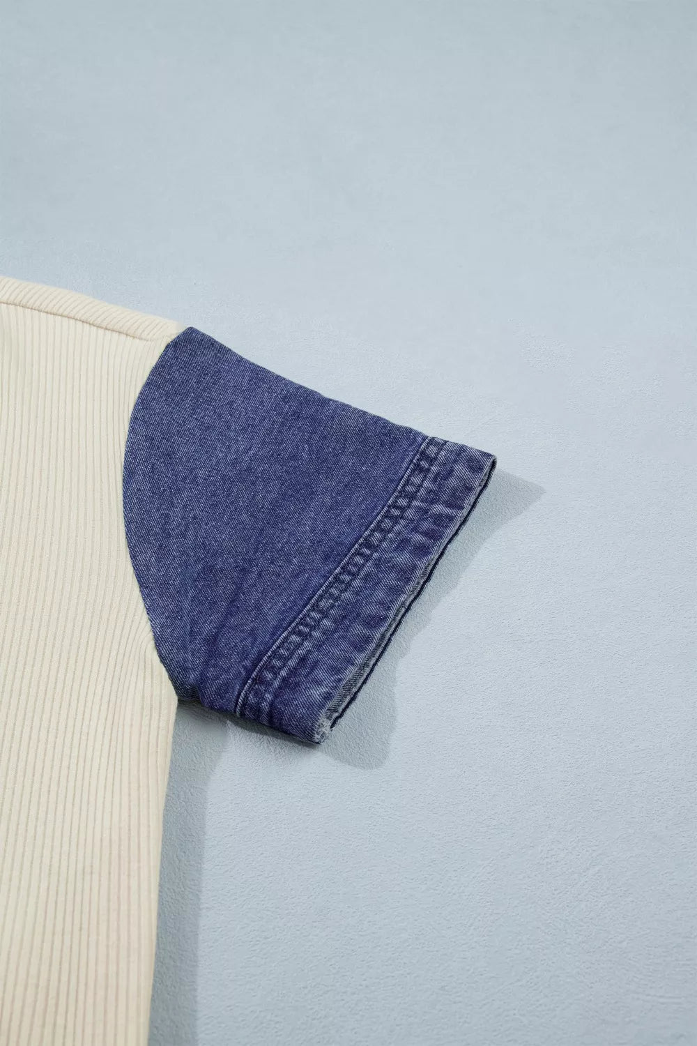 Ribbed Knit Button-Down Shirt with Denim Sleeves