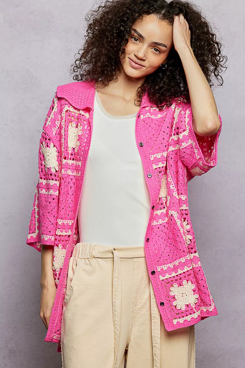 POL Button Down Openwork Floral Crochet Shirt with Granny Square Pattern