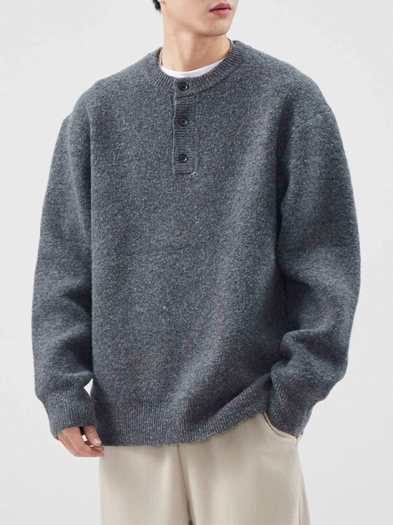 Men's Plus Size Button Detail Ribbed Hem Sweater