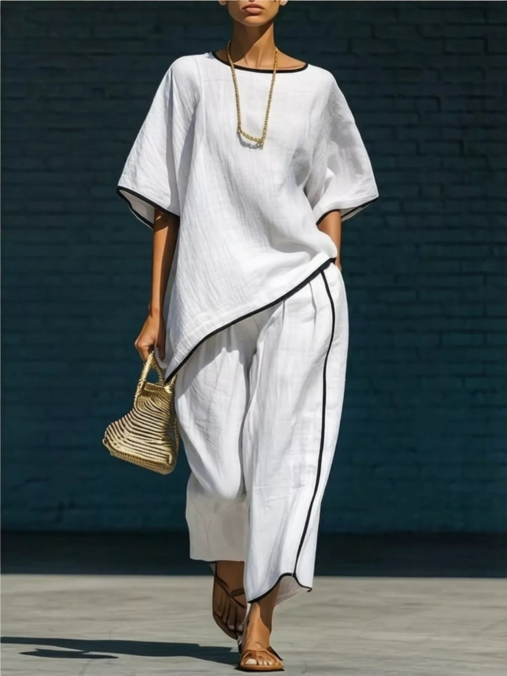 Contrast Trim Round Neck Top and Pants Set