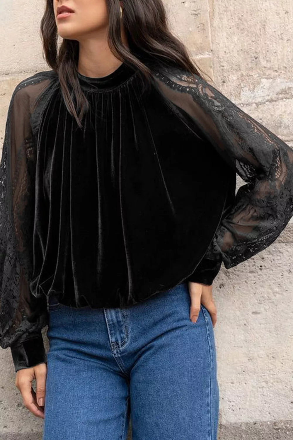 Solid Color Sheer Lace Long Sleeve Patchwork Stand Neck Velvet Blouse