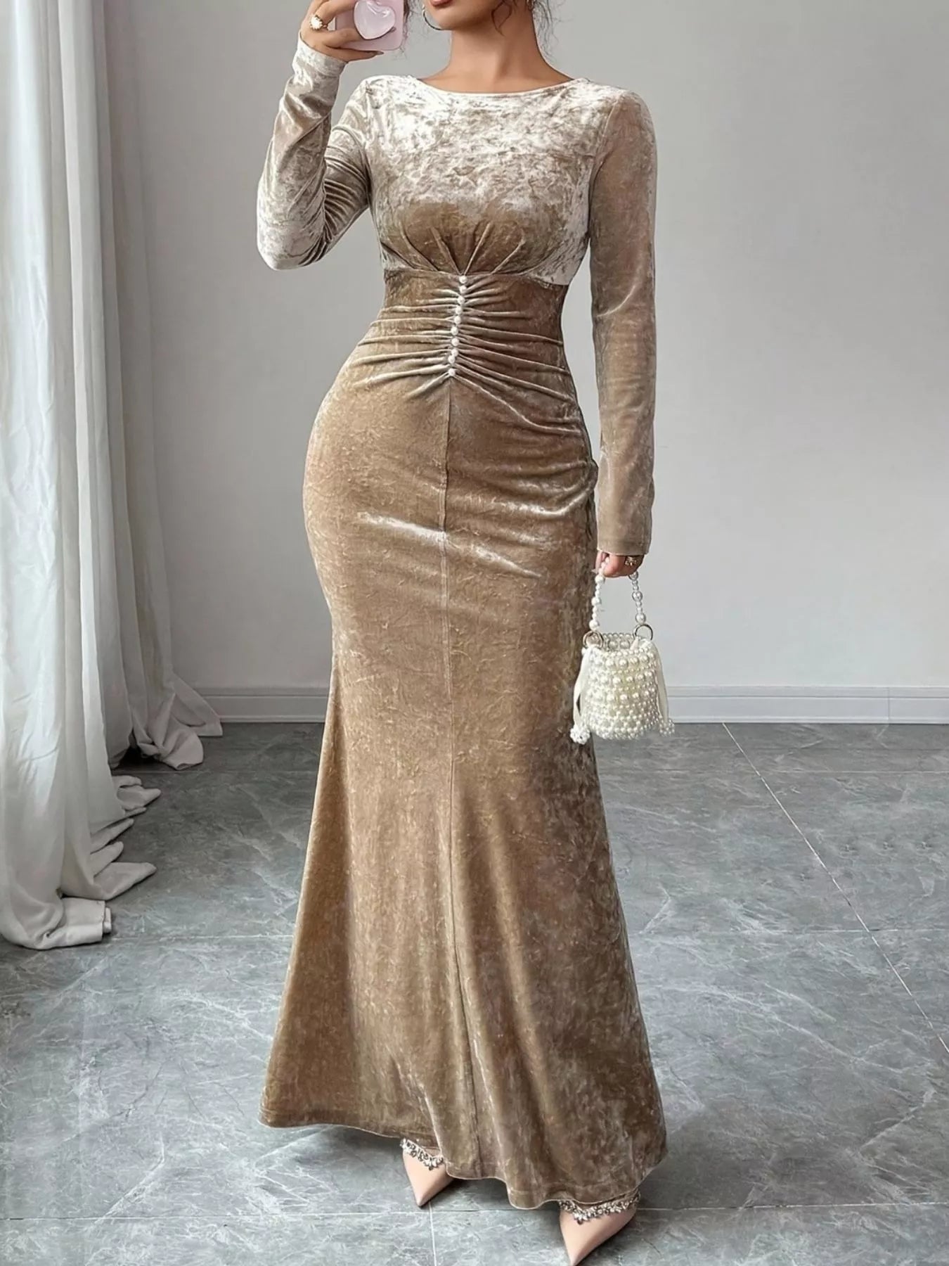 Velvet Ruched Bodycon Maxi Dress