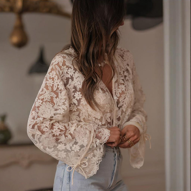 Boho Lace Embroidered V-Neck Blouse