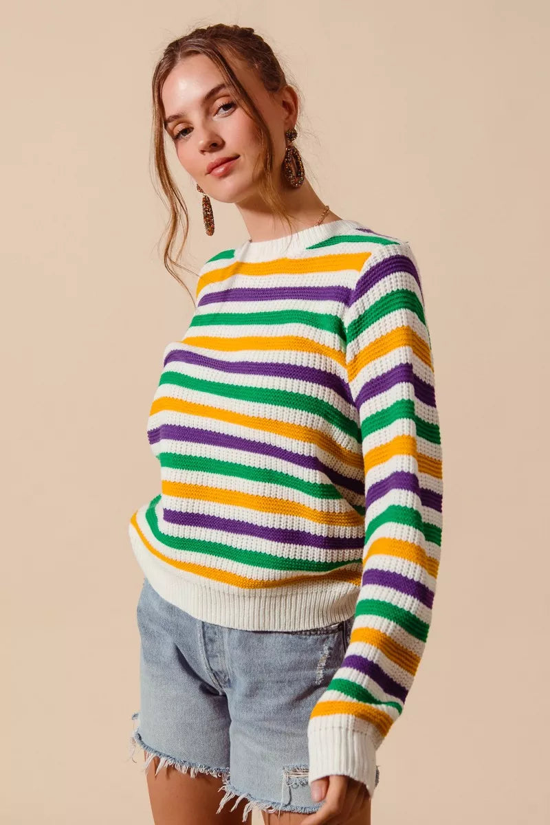 SO ME Mardi Gras Color Stripe Knit Sweater Top