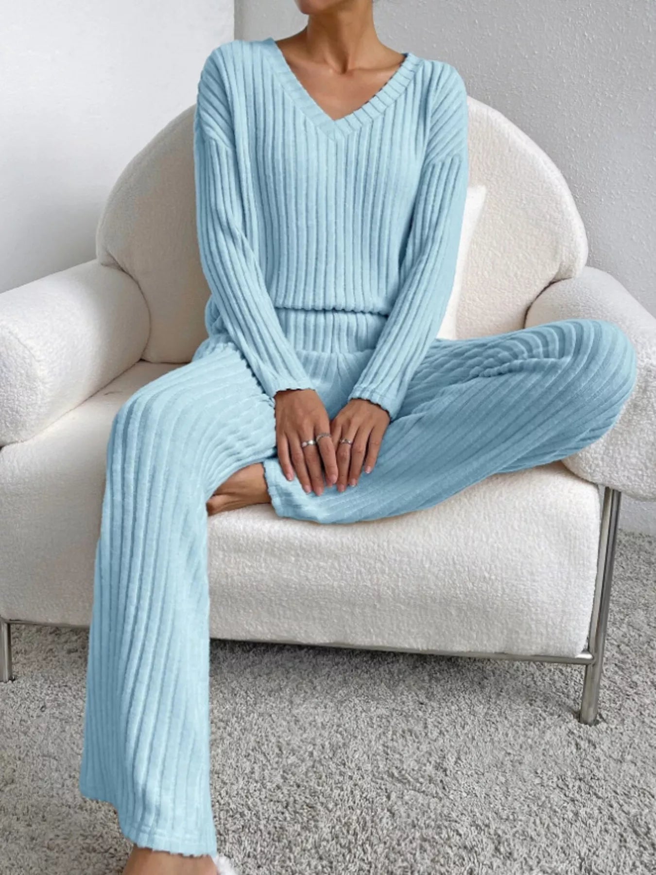 Ribbed Knit Long Sleeve Top and Pants Set