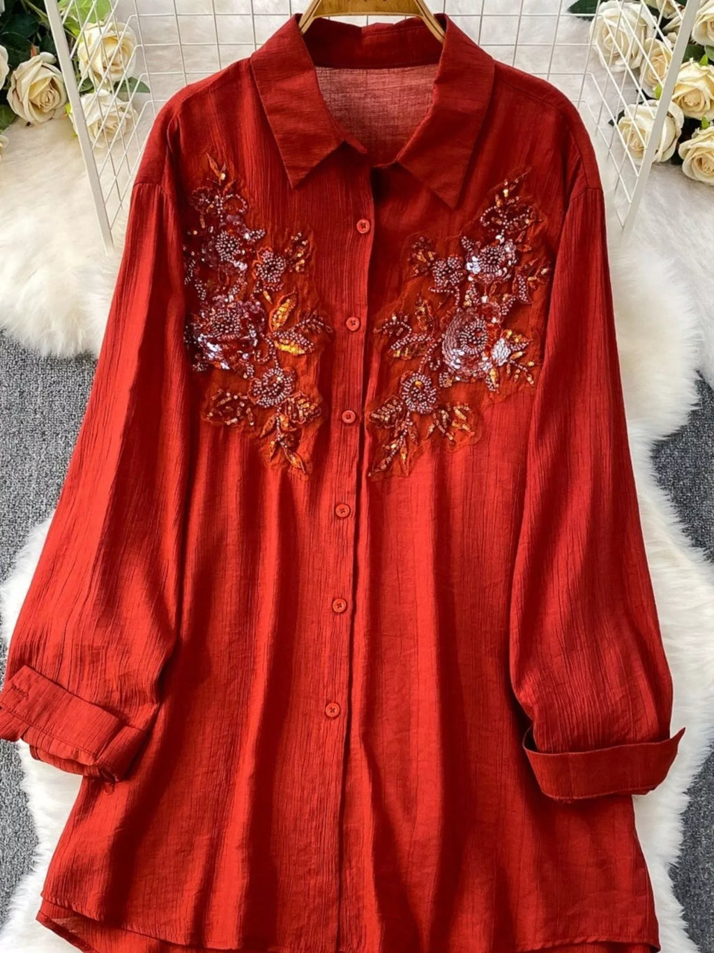 Sequin Flower Button Up Shirt and Cami Dress Set