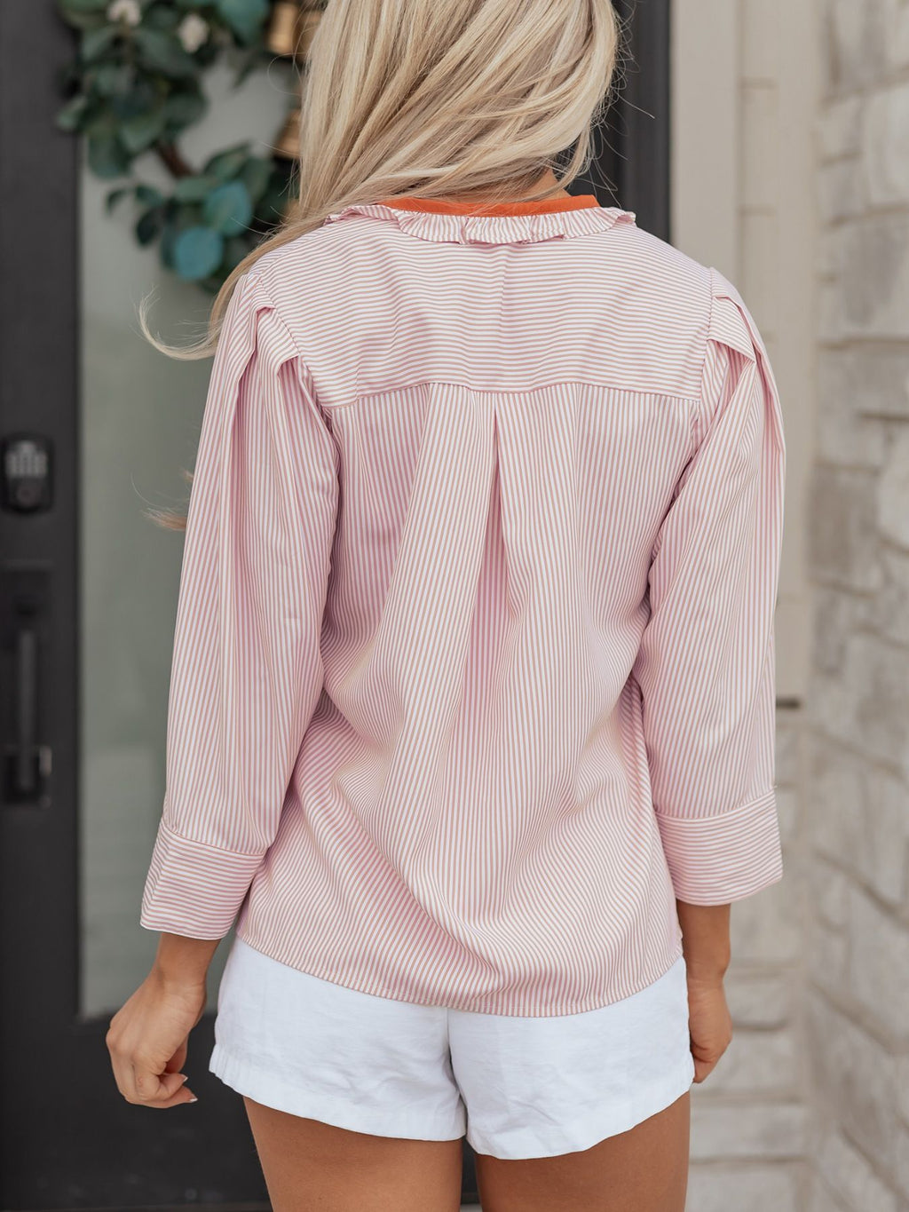 Stripe Color Block Patchwork Detail Frilled Collar Button Down Shirt