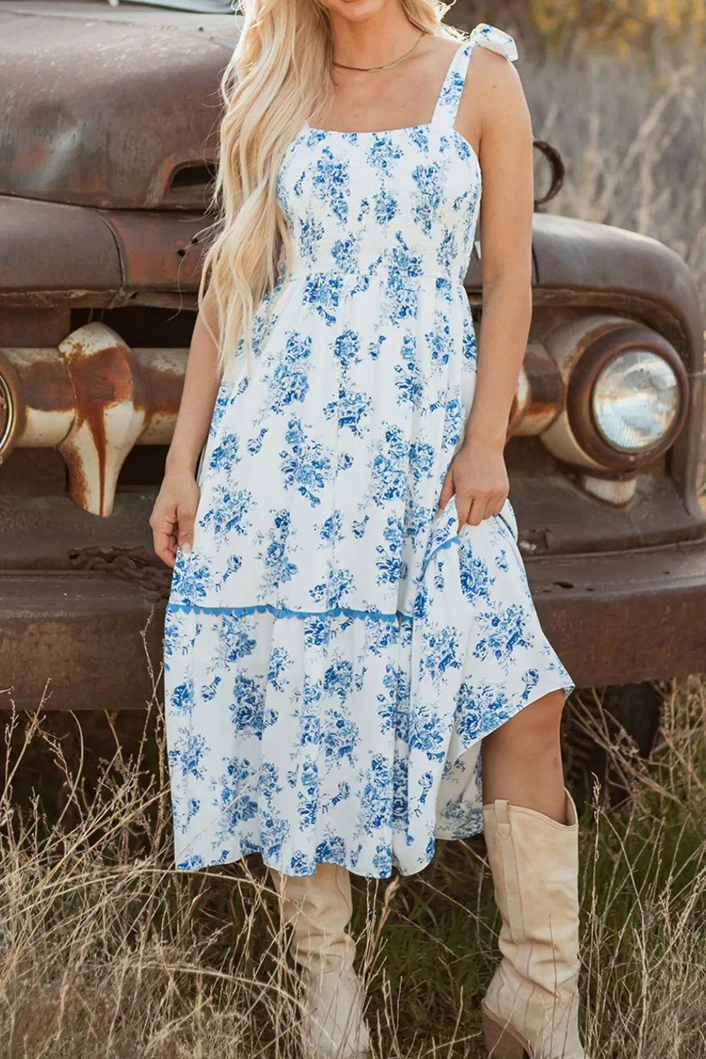 Printed Tie Shoulder Dress