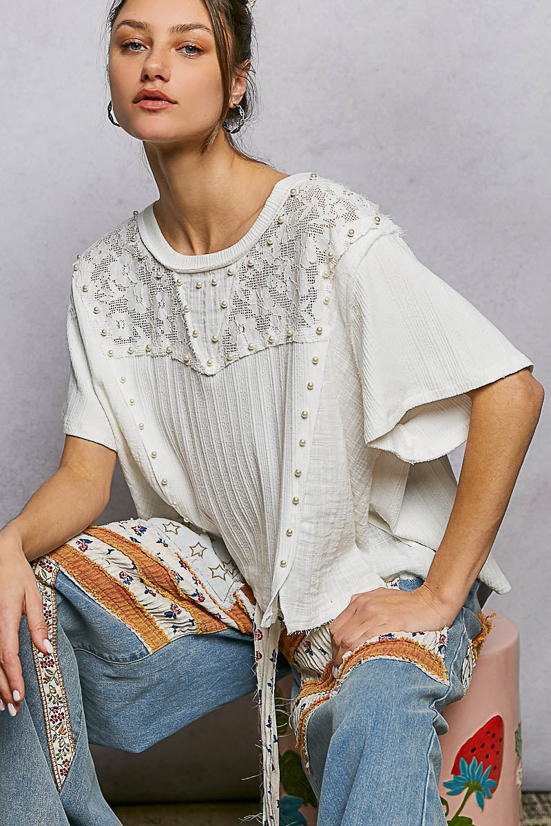 POL Lace Pearl Stud Round Neck Short Sleeve Shirt