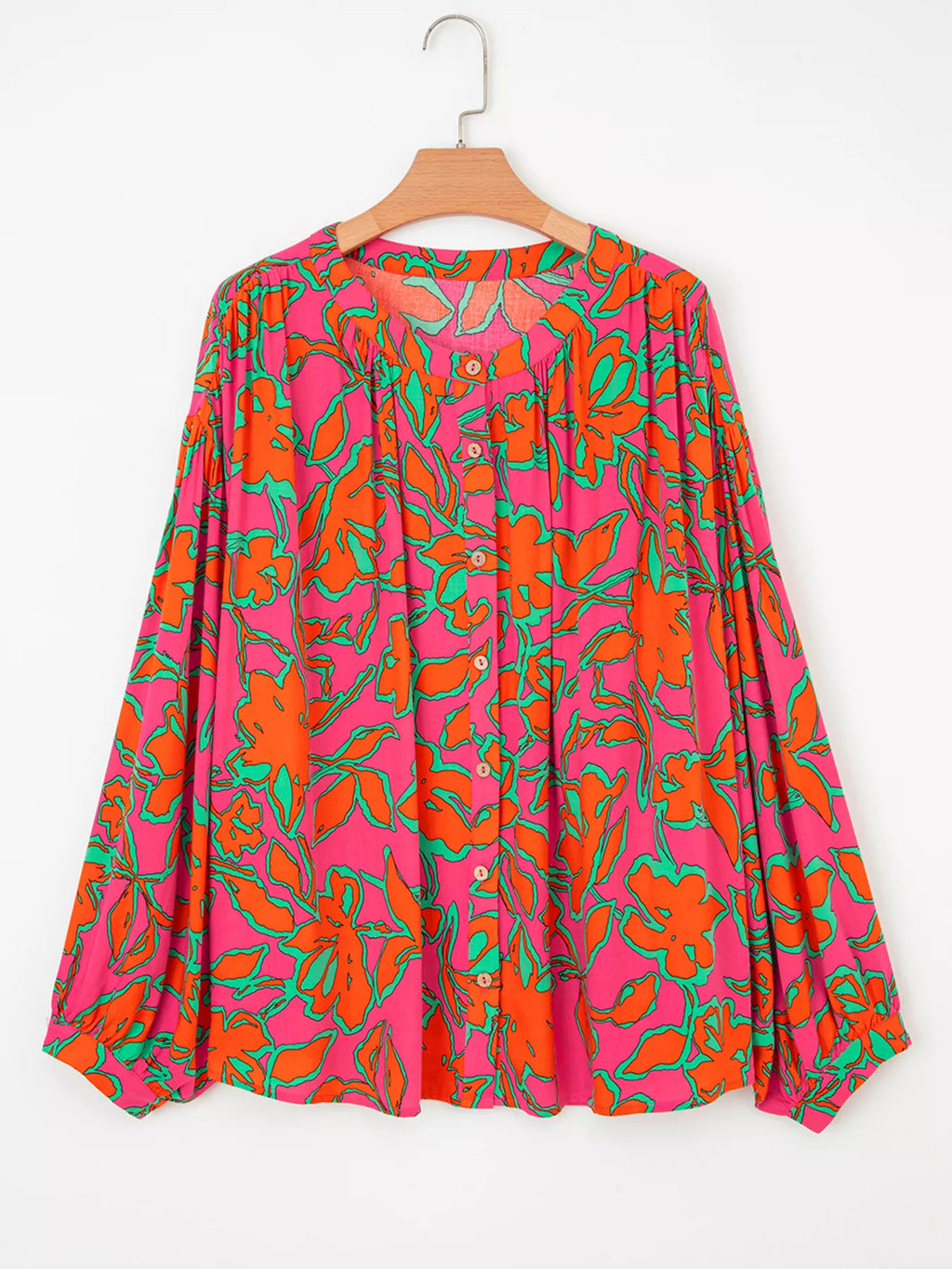 Floral Print Batwing Sleeve Buttoned Loose Fit Shirt
