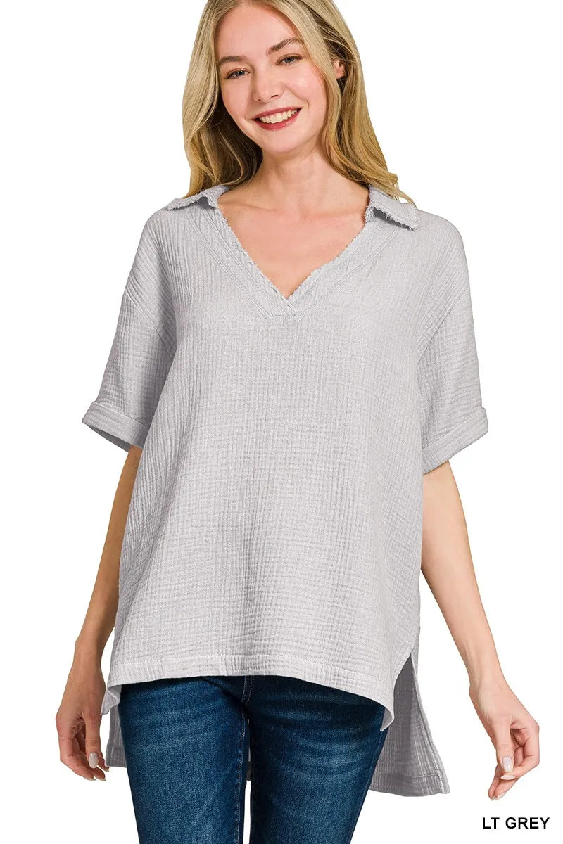 Zenana Double Gauze Short Sleeve High-Low Top