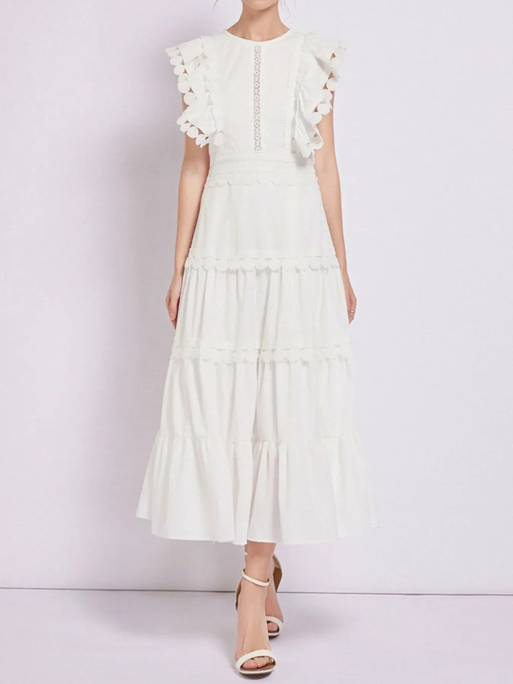 Sleeveless Ruffled Tiered Dress with Embroidered Trim