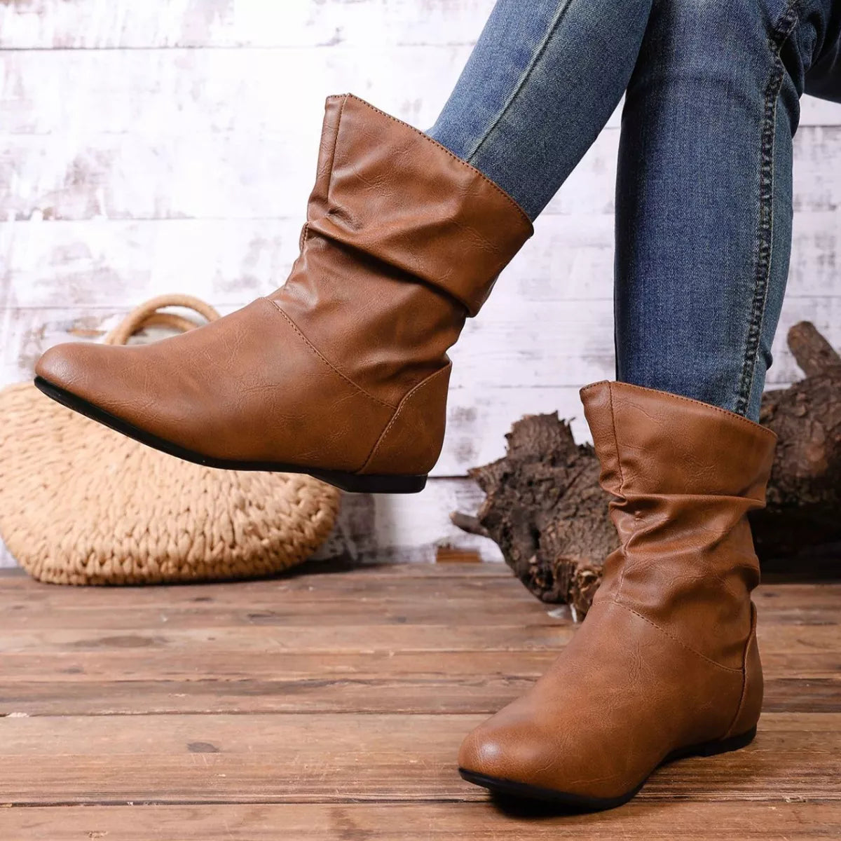 Flat Ankle Boots with Wrinkled Design