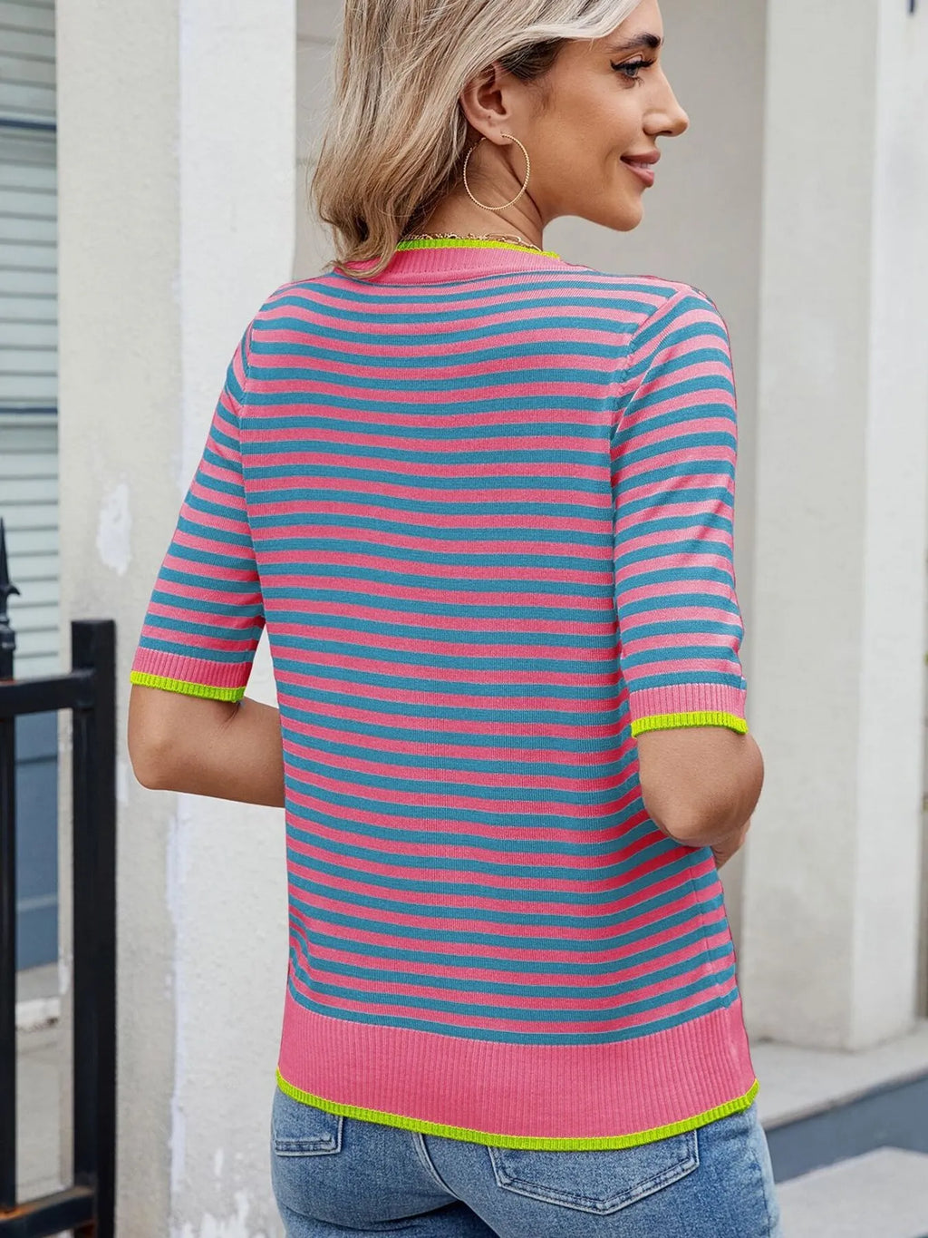 Striped Casual T-Shirt with Contrast Trim