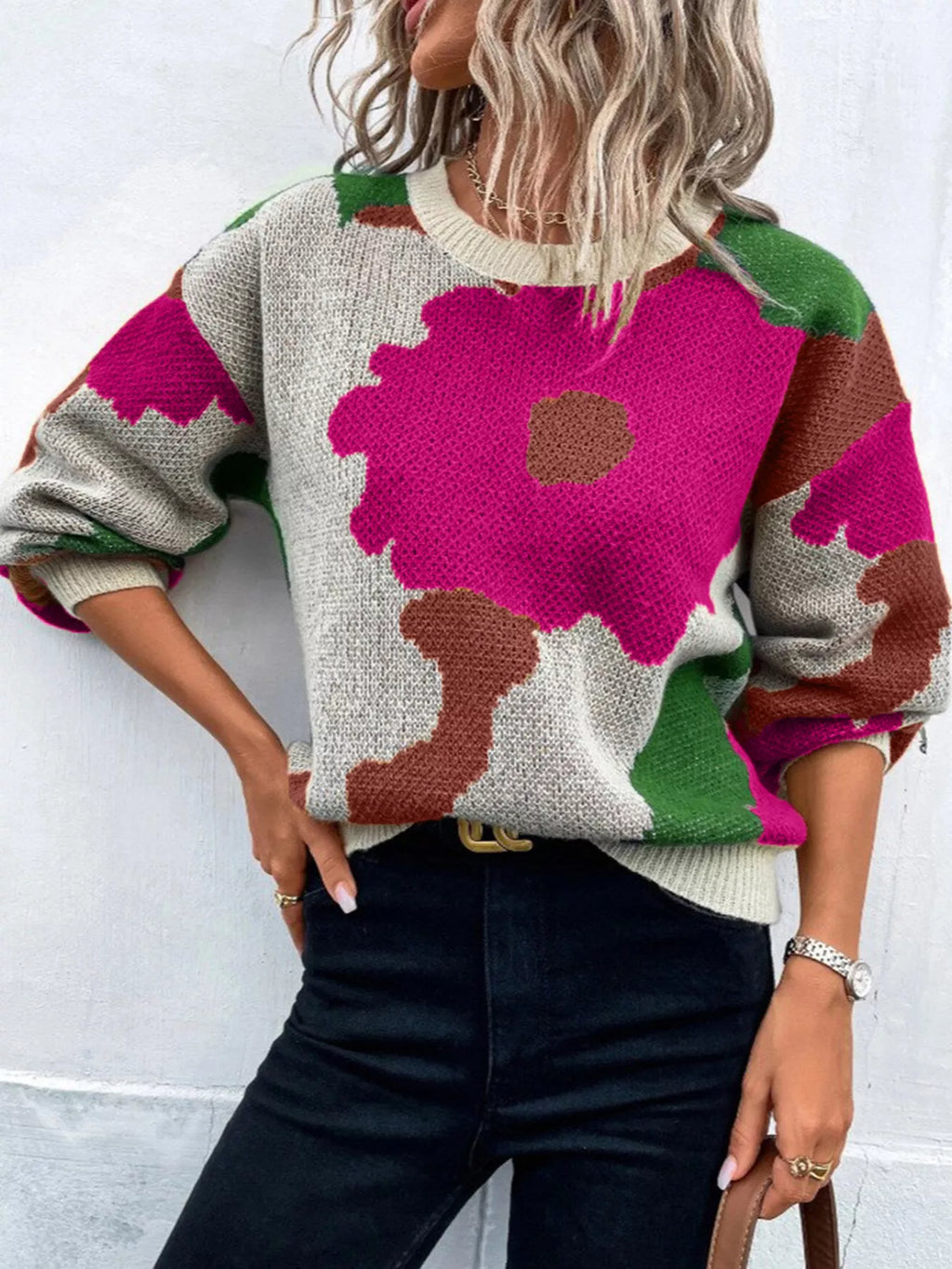 Floral Pattern Round Neck Sweater