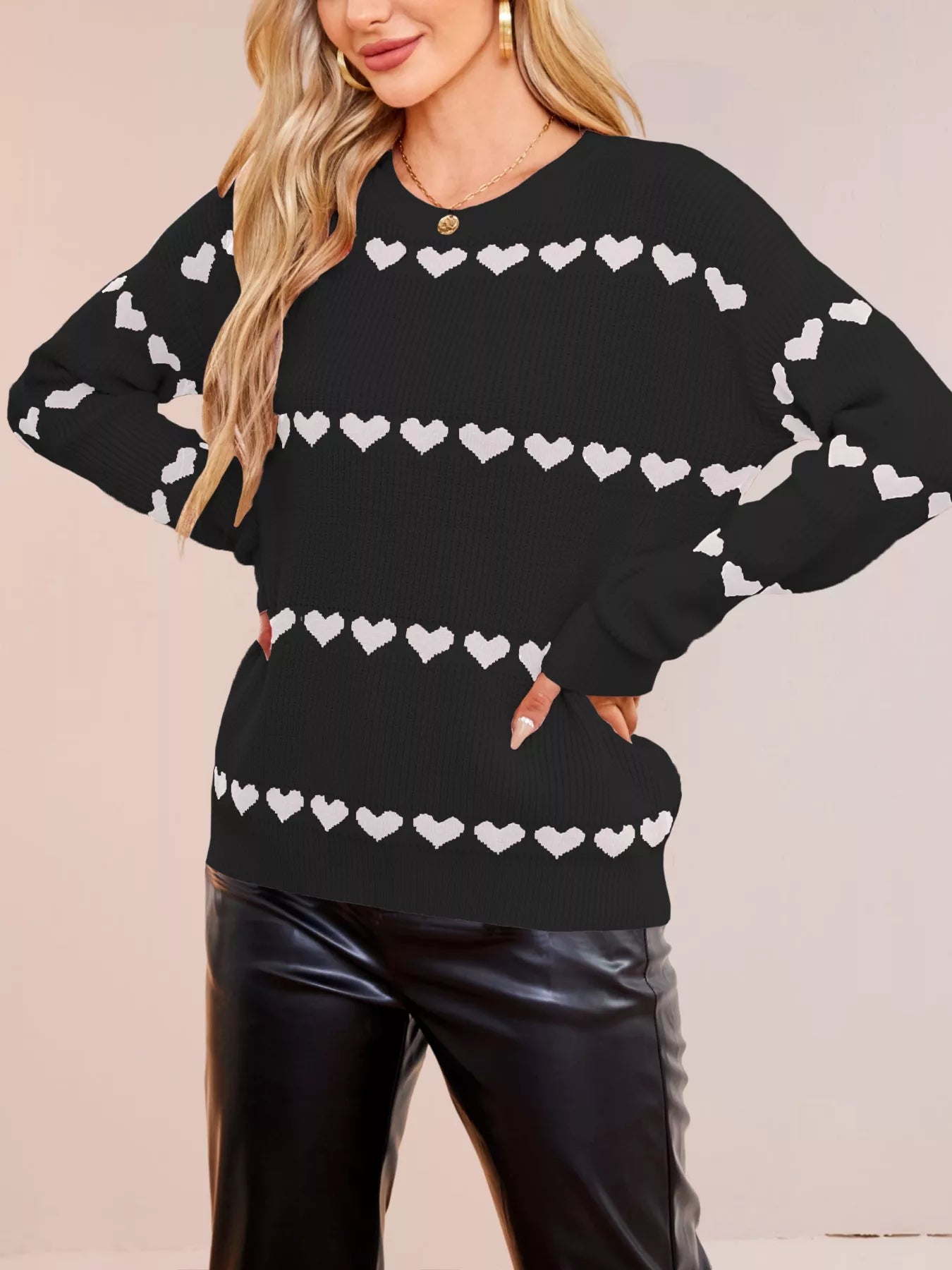 Heart Pattern Dropped Shoulder Sweater