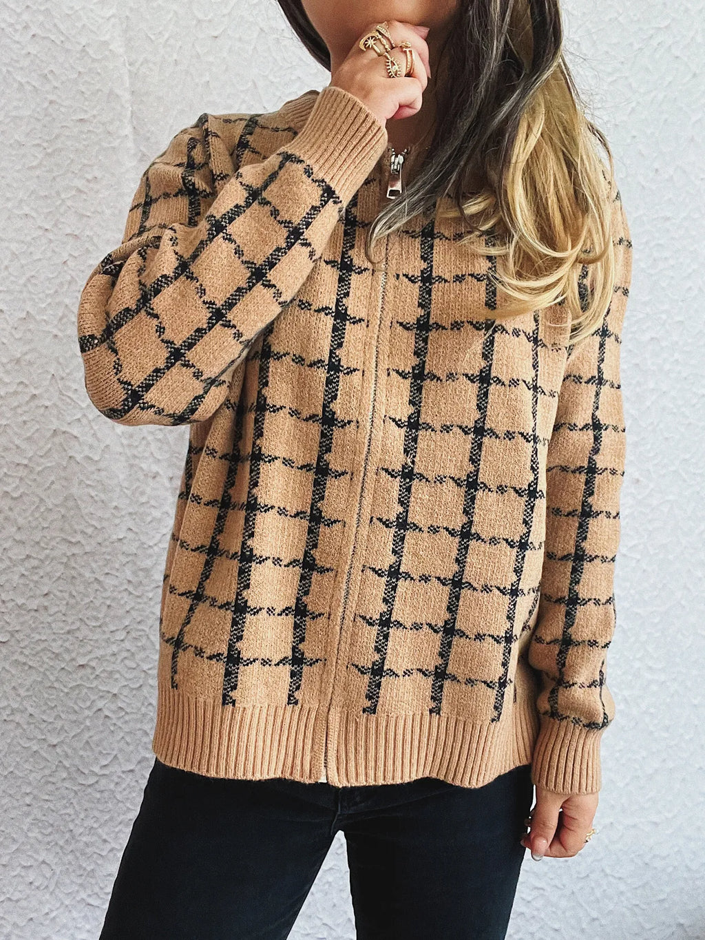 Plaid Pattern Zip Up Cardigan