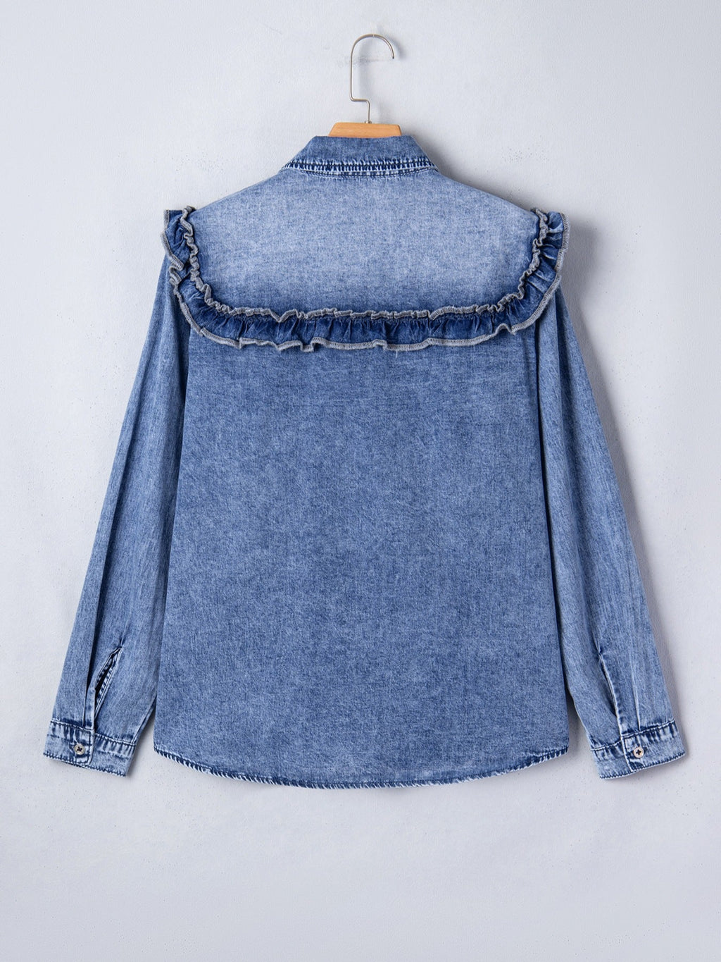 intage Wash Denim Ruffle Detail Button Down Shirt