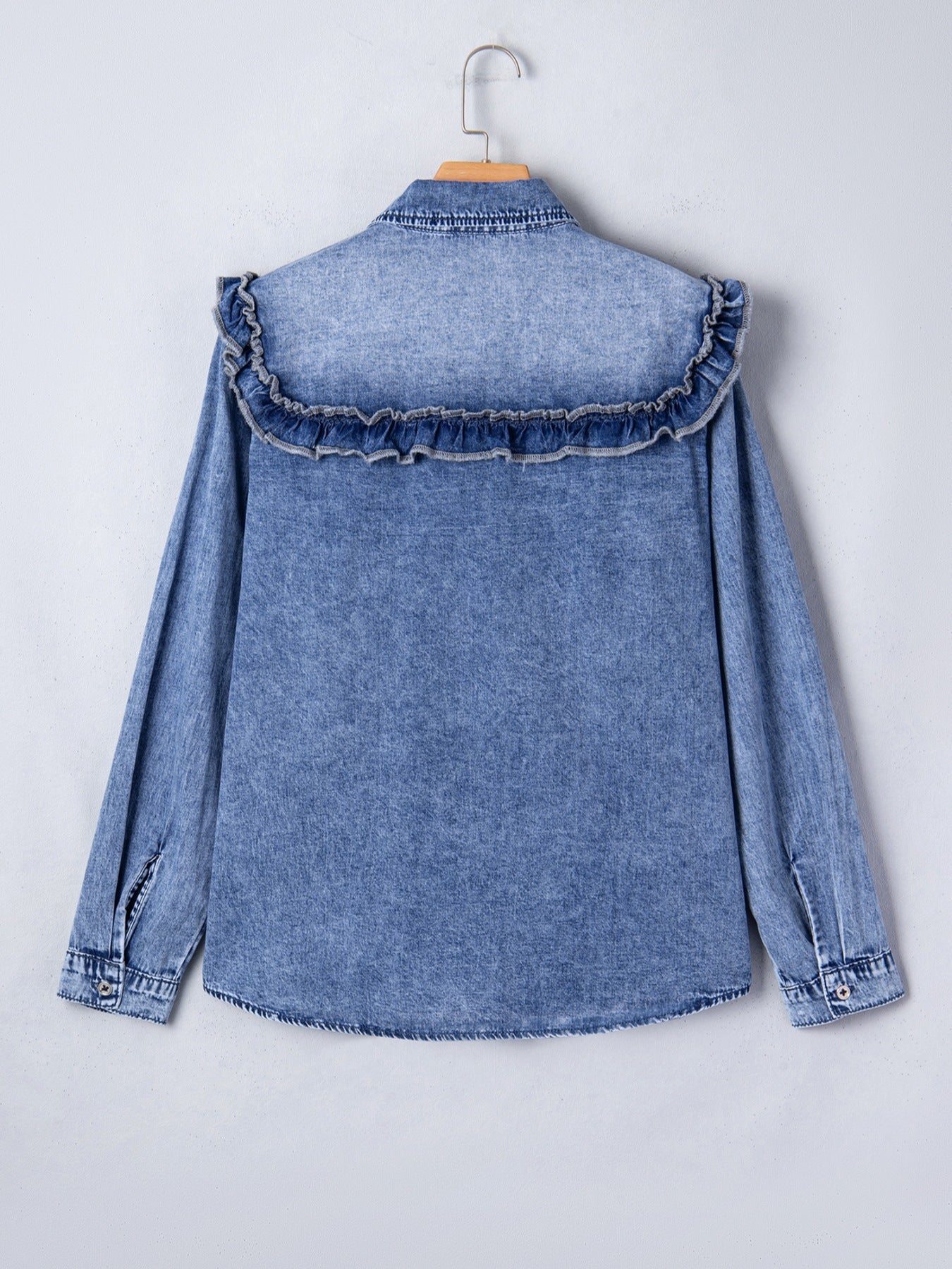 intage Wash Denim Ruffle Detail Button Down Shirt