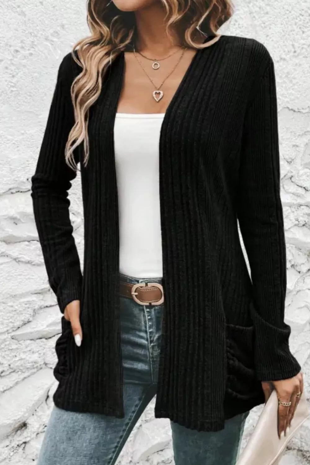 Ribbed Knit Open Front Cardigan with Pockets