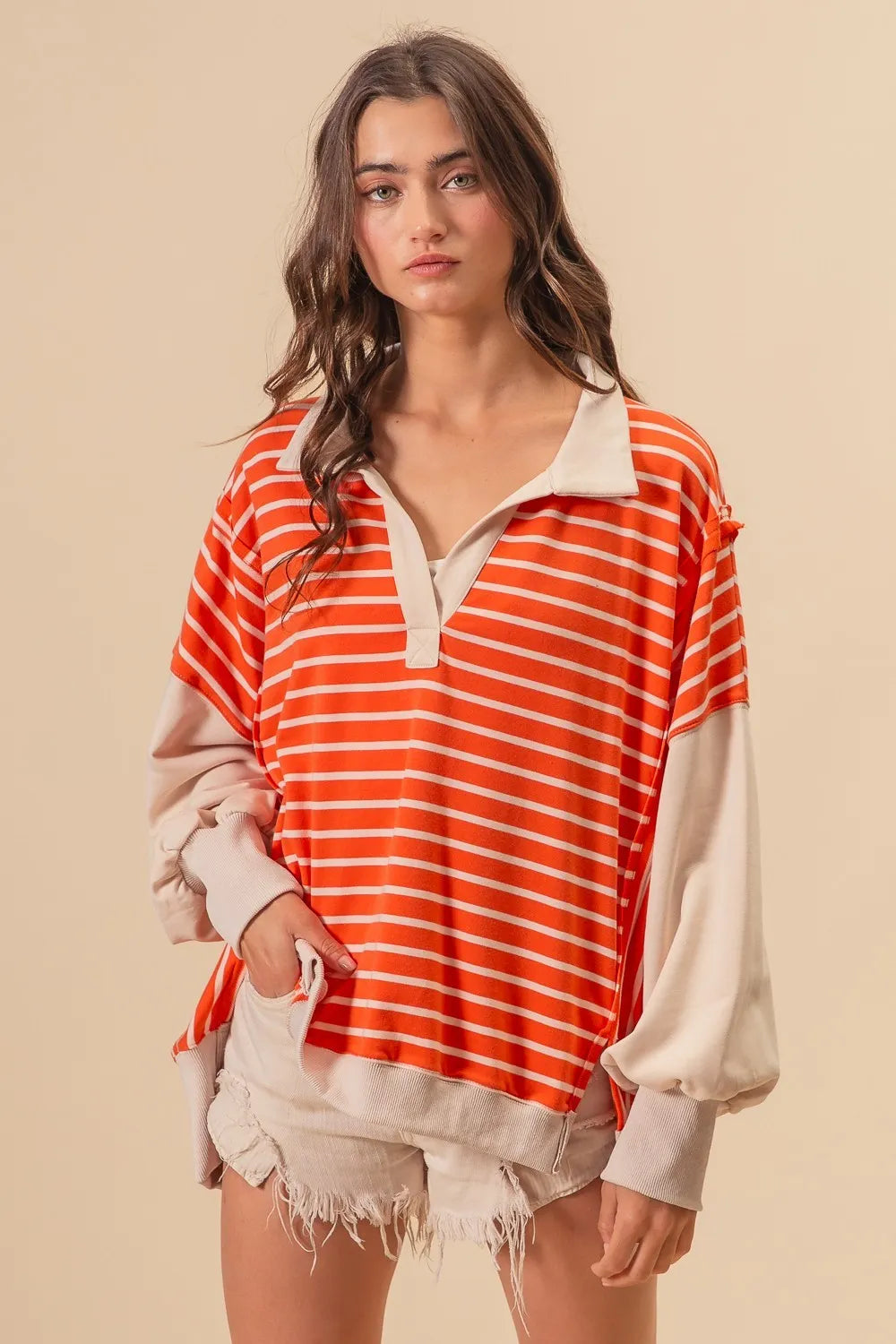 BiBi Stripe Knit Loose Fit Top With Cut Edge Detail
