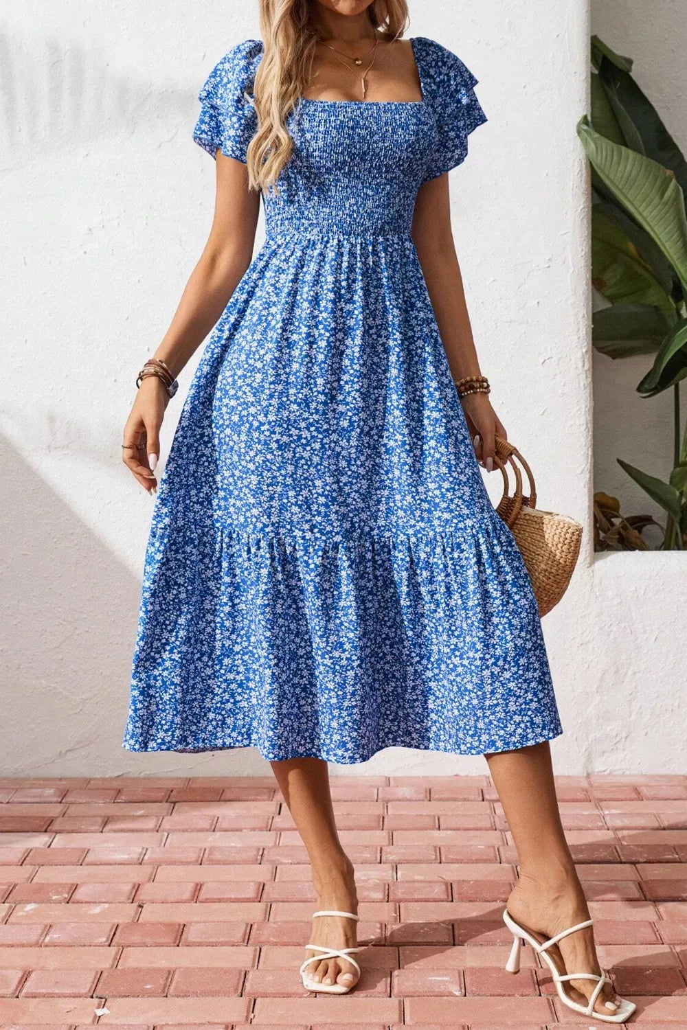 Ditsy Floral Print Smocked Square Neck Ruffle Short Sleeve Dress