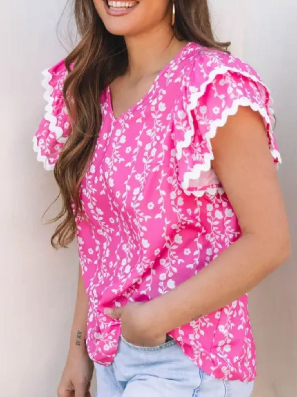 Floral Print Ruffle Sleeve Blouse