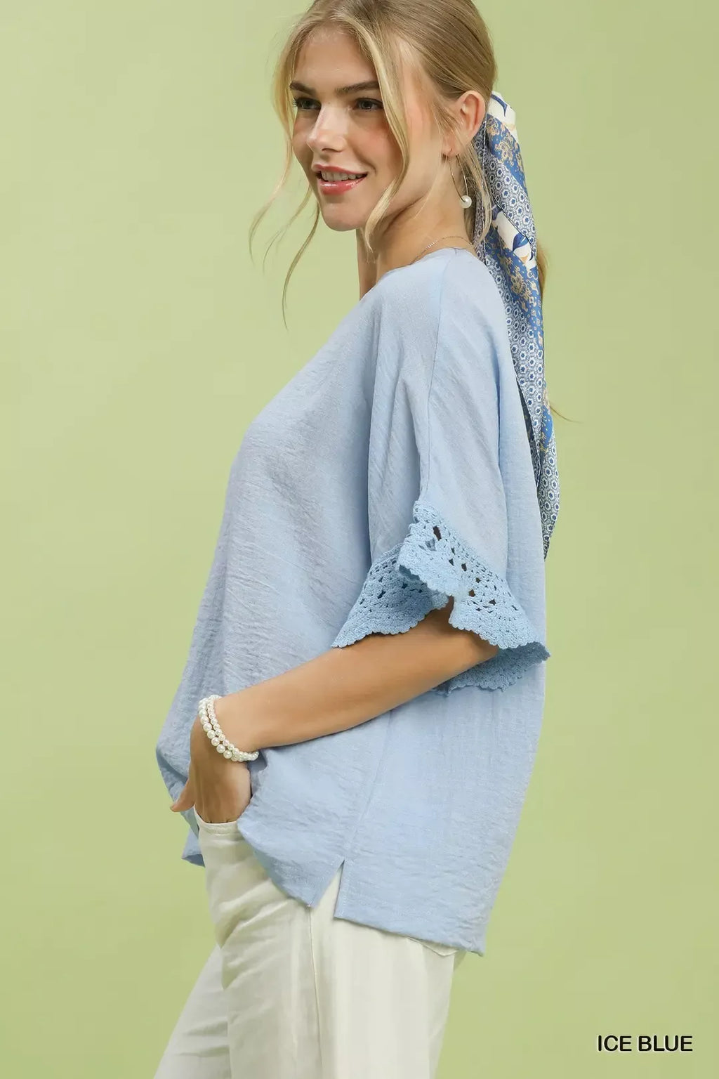 Umgee Crochet Trim Flutter Sleeve Top