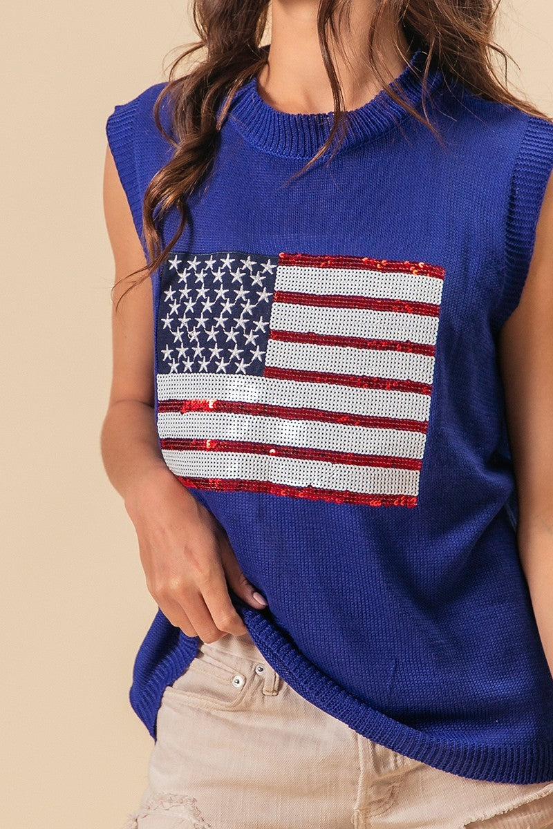 BiBi American Flag Sequins Patch Knit Vest