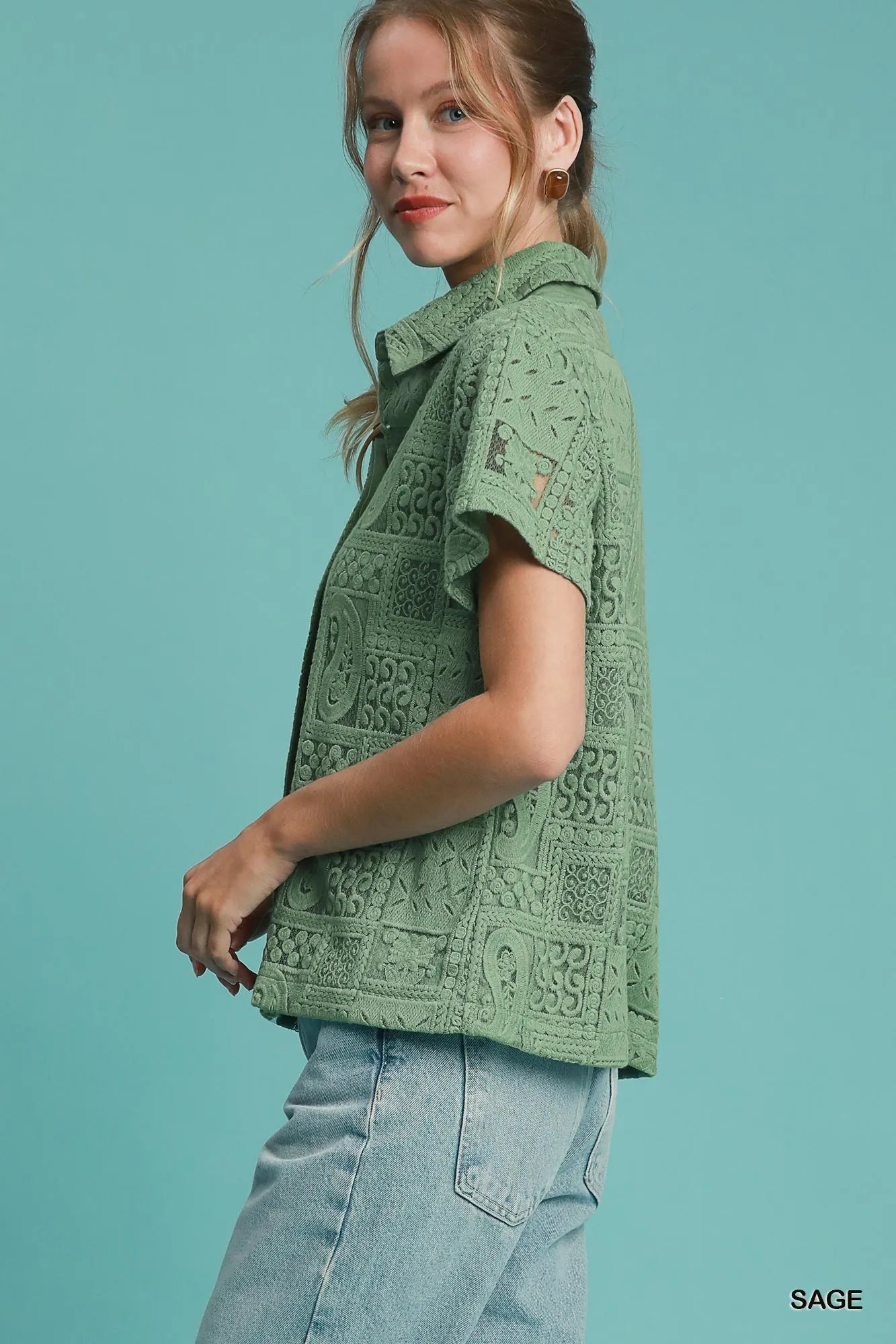 Umgee Patch Lace Short Sleeve Button Down Shirt