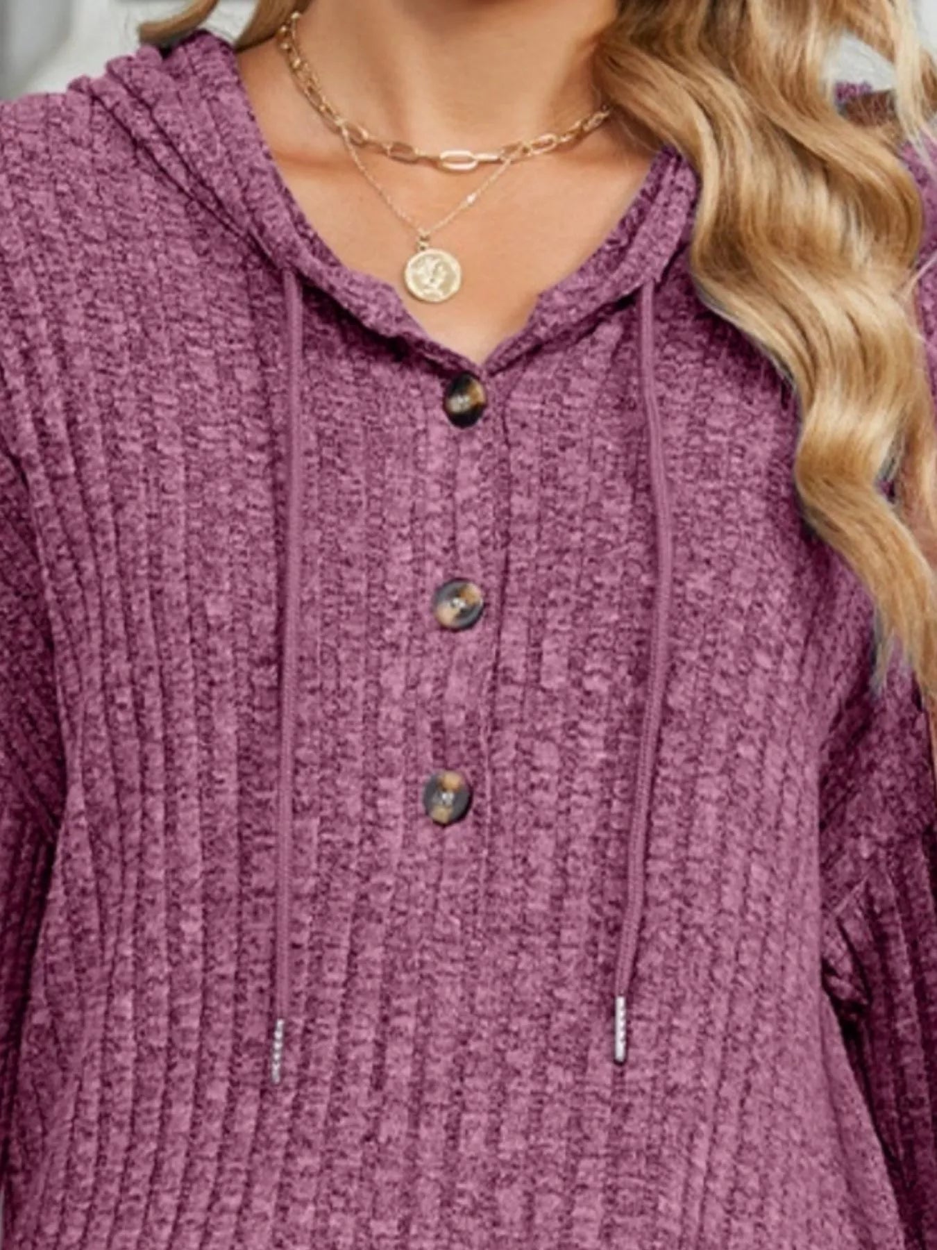 Casual Ribbed Knit Button Detail Hoodie