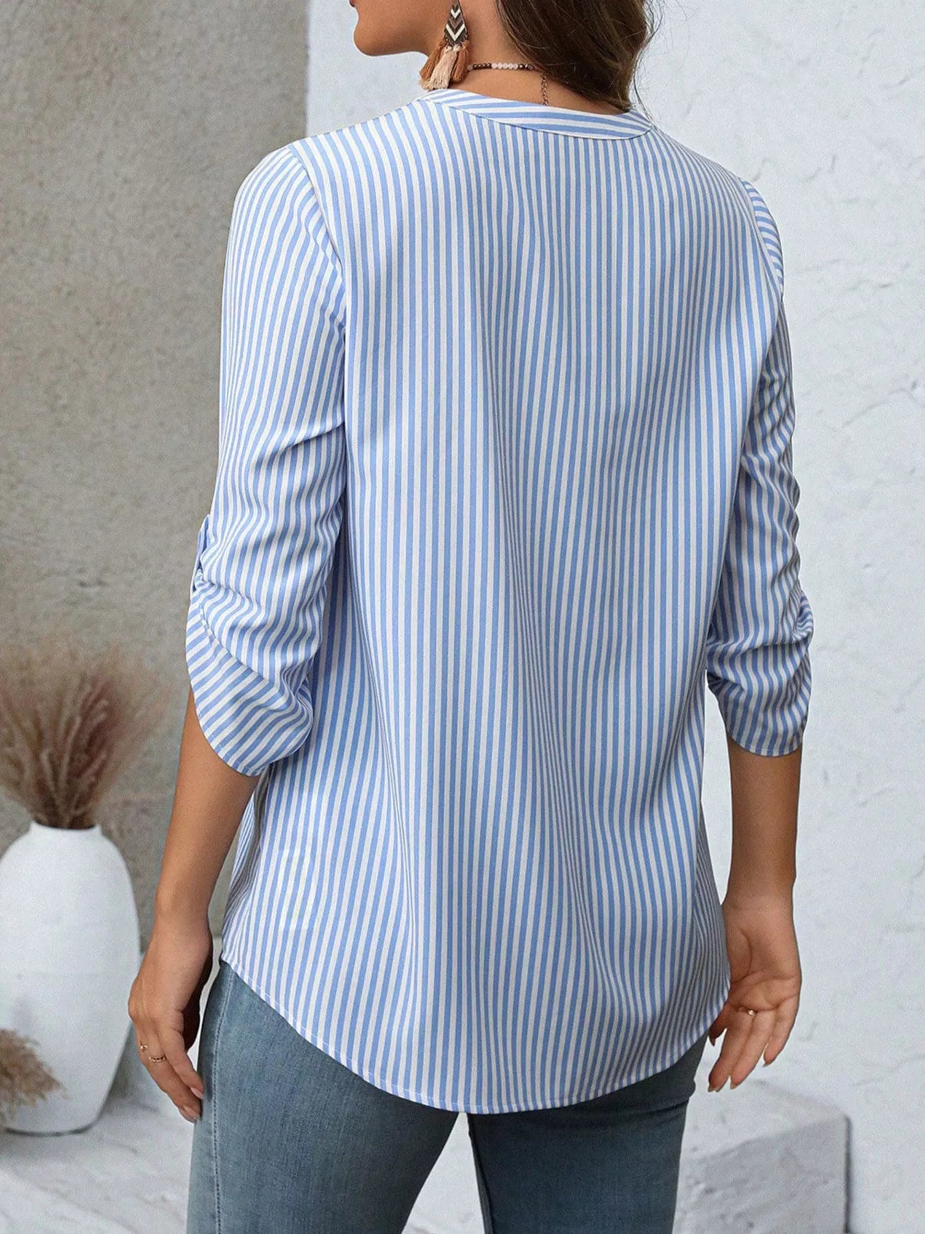 Striped V-Neck Roll-Up Sleeve Blouse