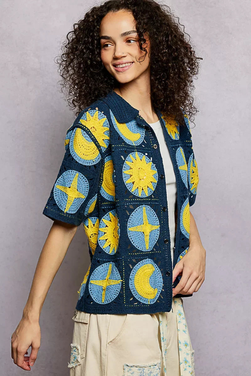 POL Openwork Short Sleeve Crochet Shirt