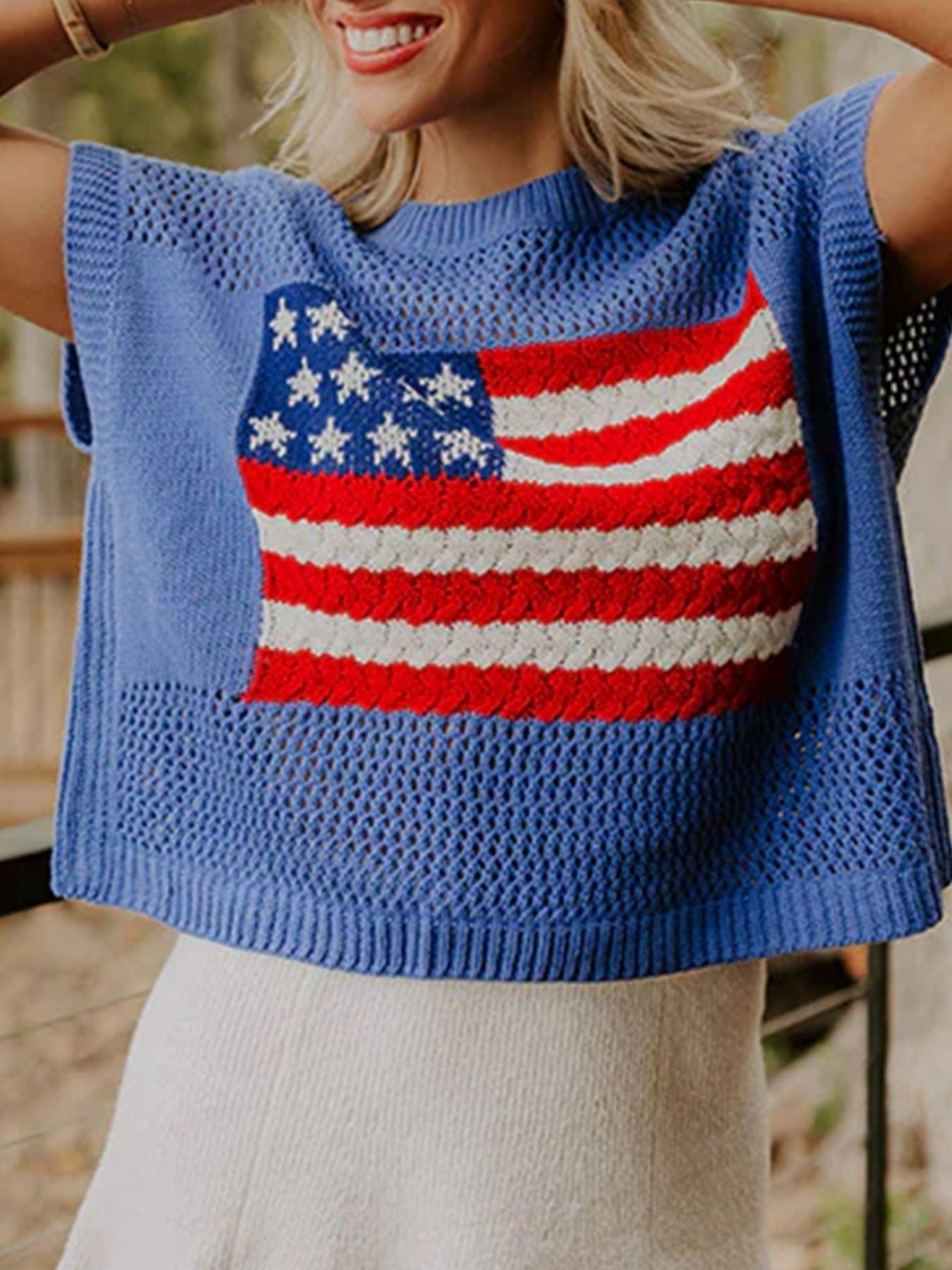 Flag Graphic Short Sleeve Sweater Top