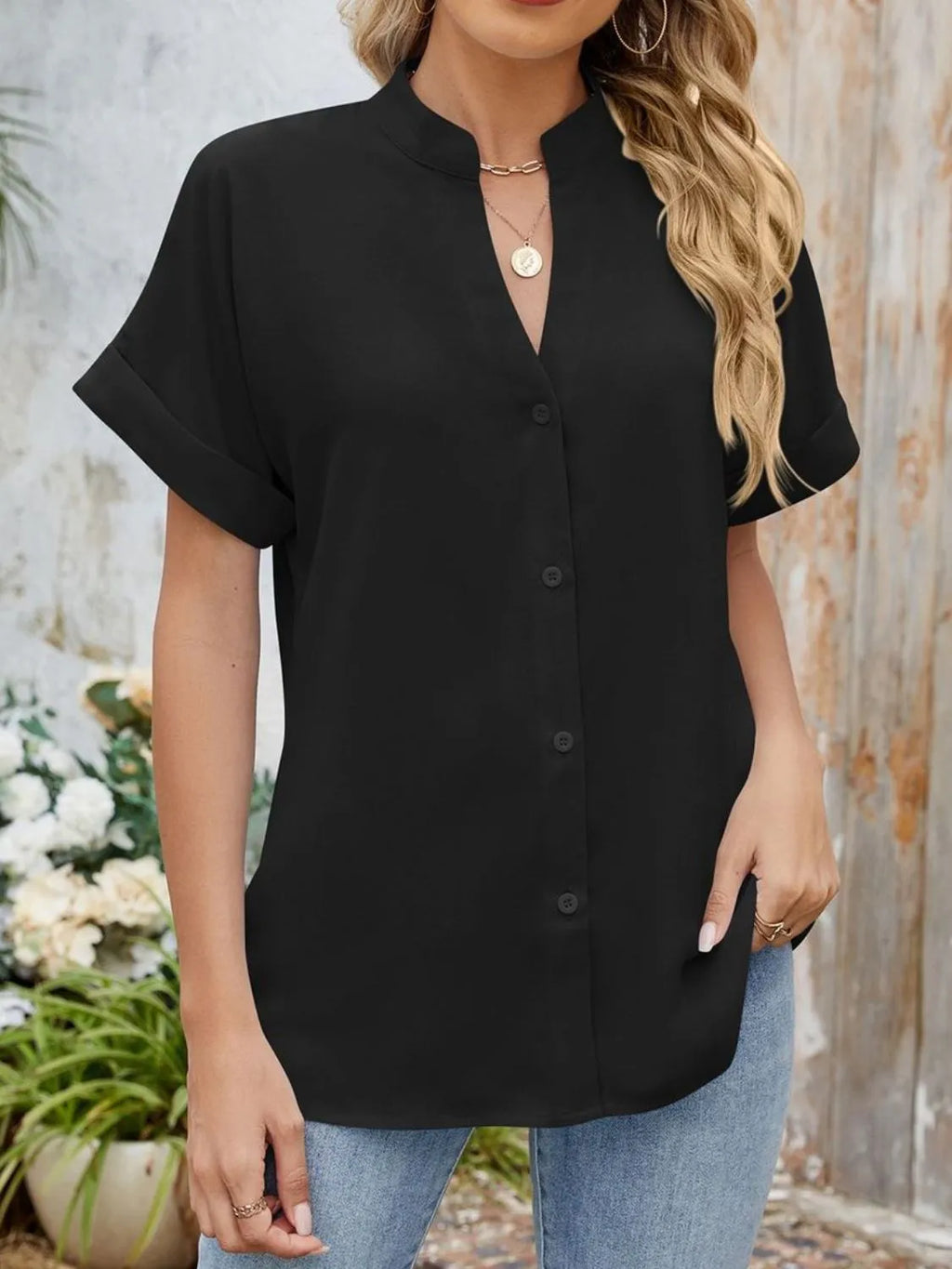 Notched Short Sleeve Blouse