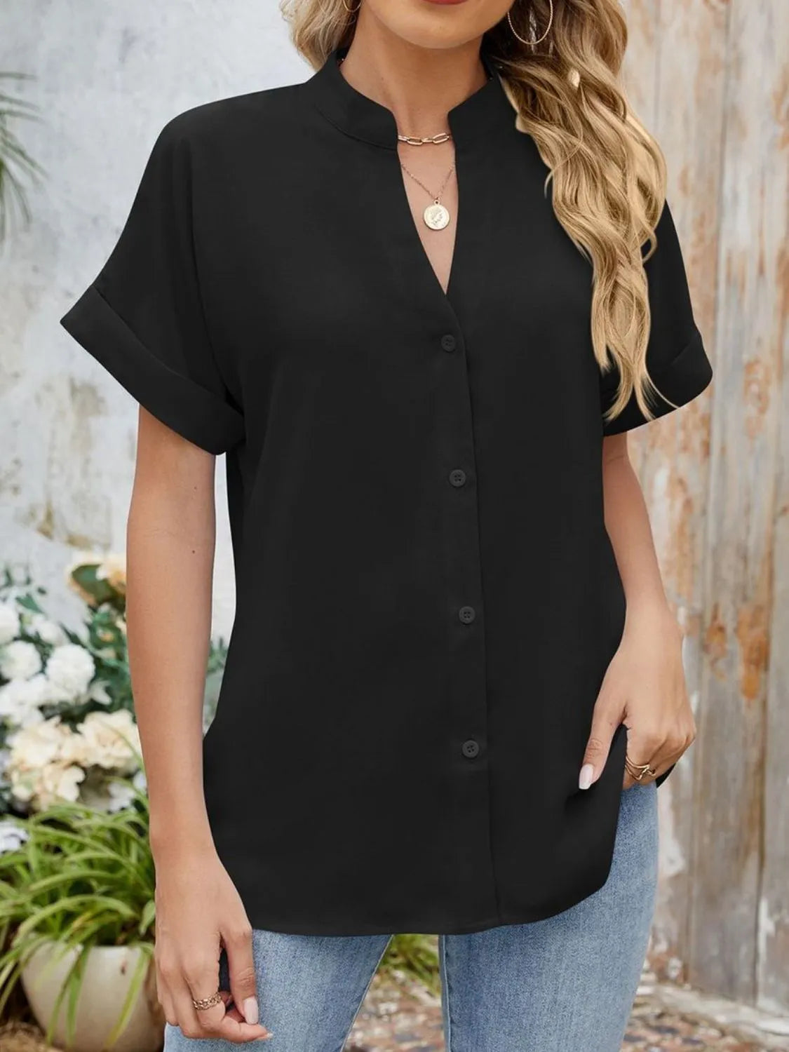 Notched Short Sleeve Blouse