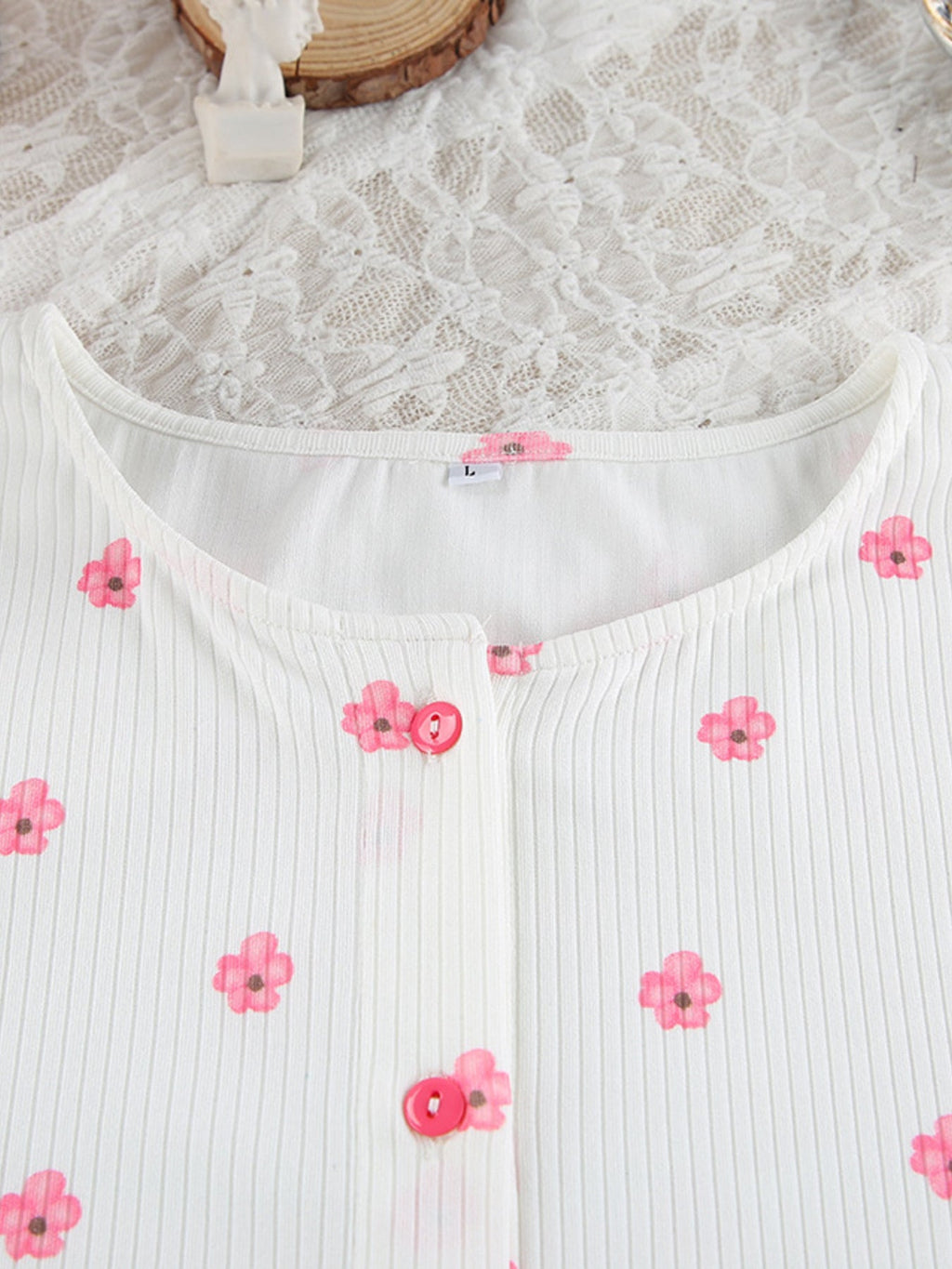 Floral Print Ribbed Knit Top and Shorts Lounge Set