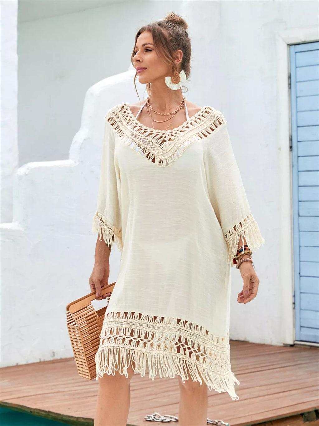 Fringe Crochet V-Neck Cover-Up Dress