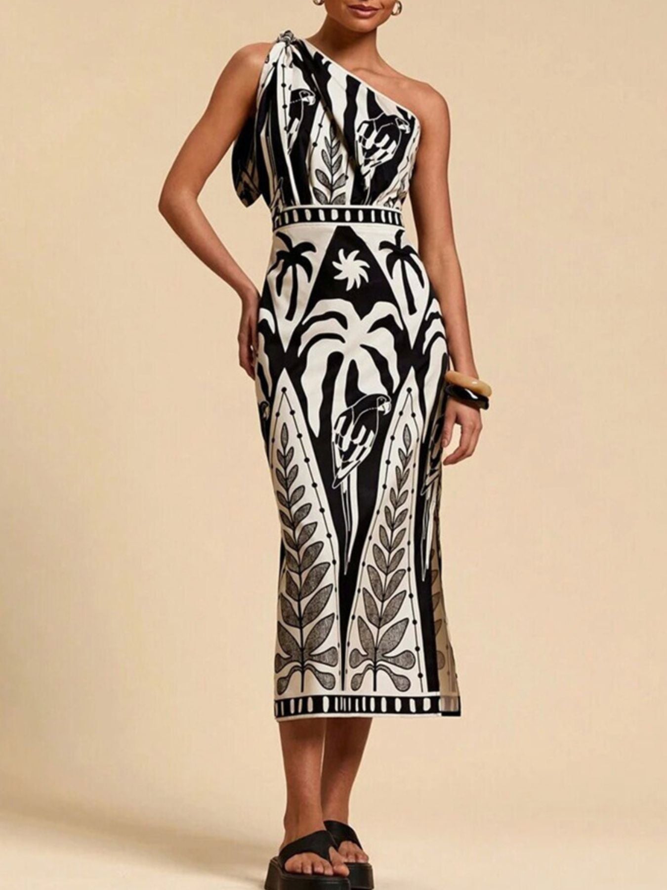 One-Shoulder Tropical Print Midi Dress