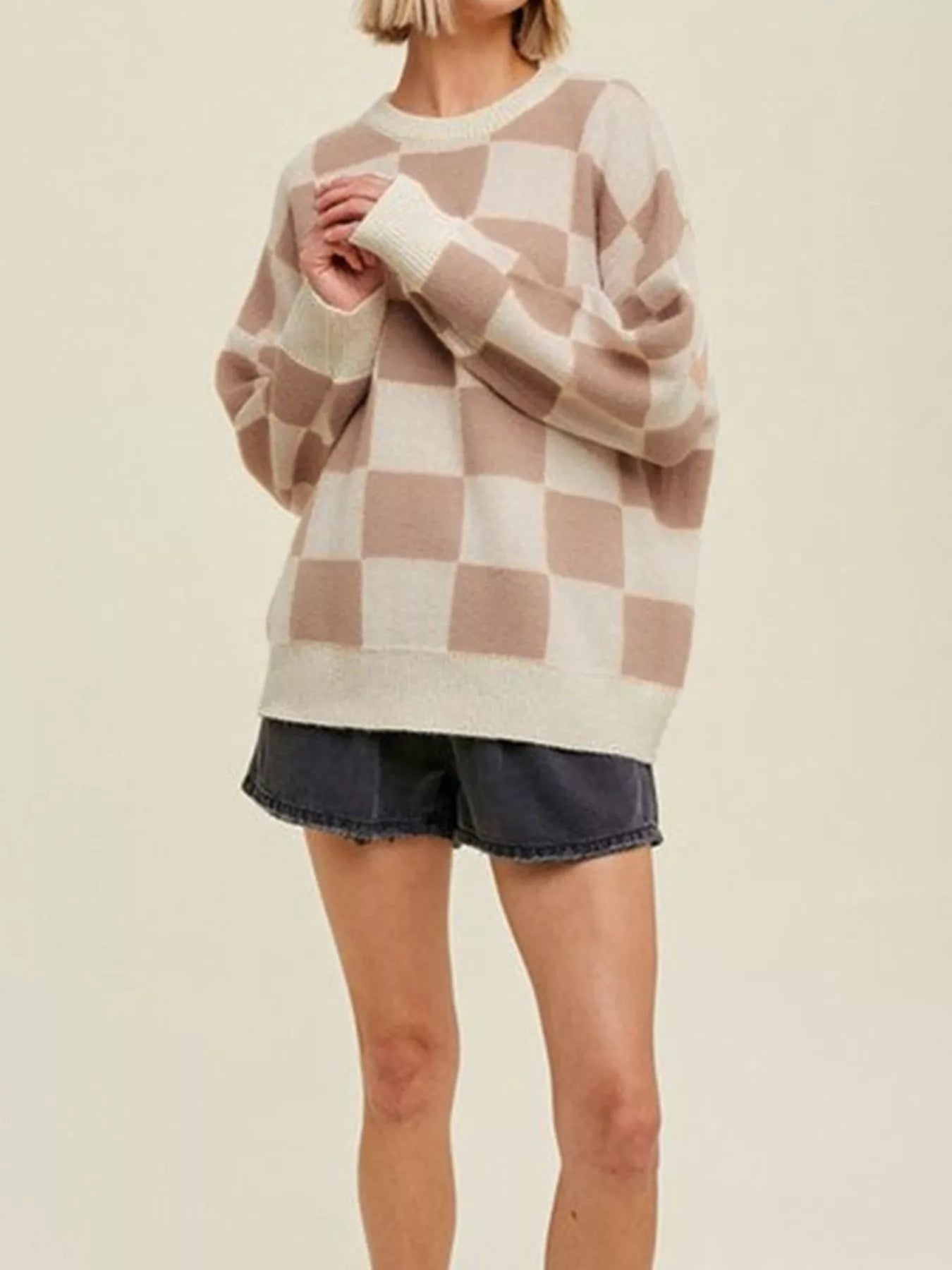 Checkered Pattern Ribbed Trim Knit Baggy Sweater