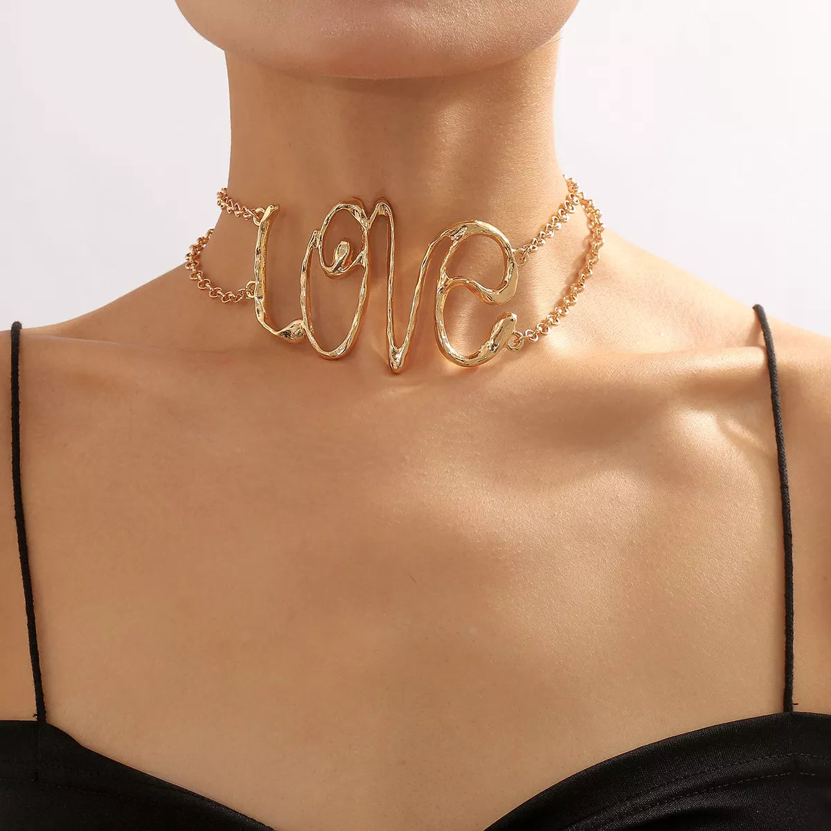 Gold Wire Love Script Statement Necklace