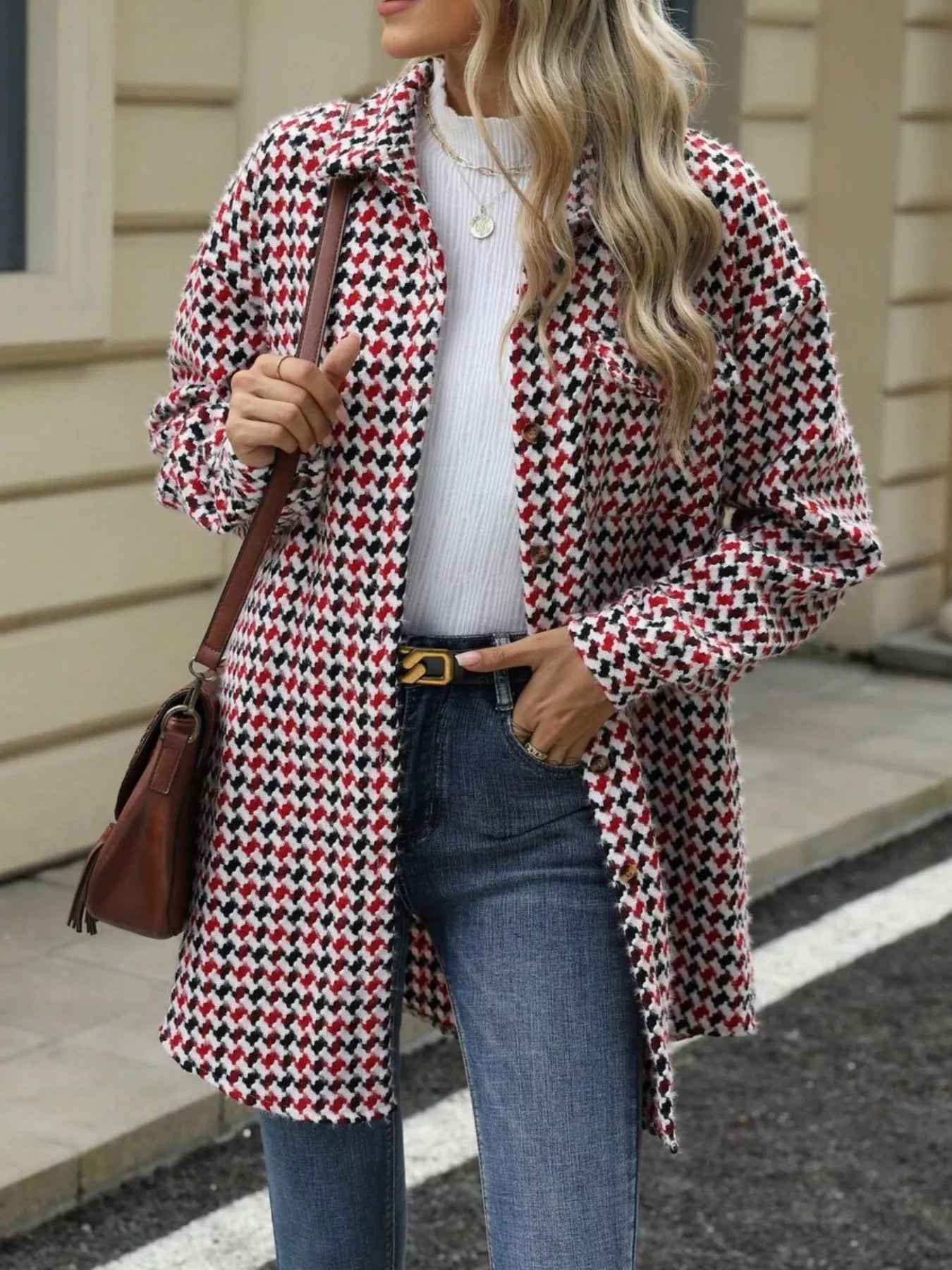 Houndstooth Button Up Long Sleeve Coat