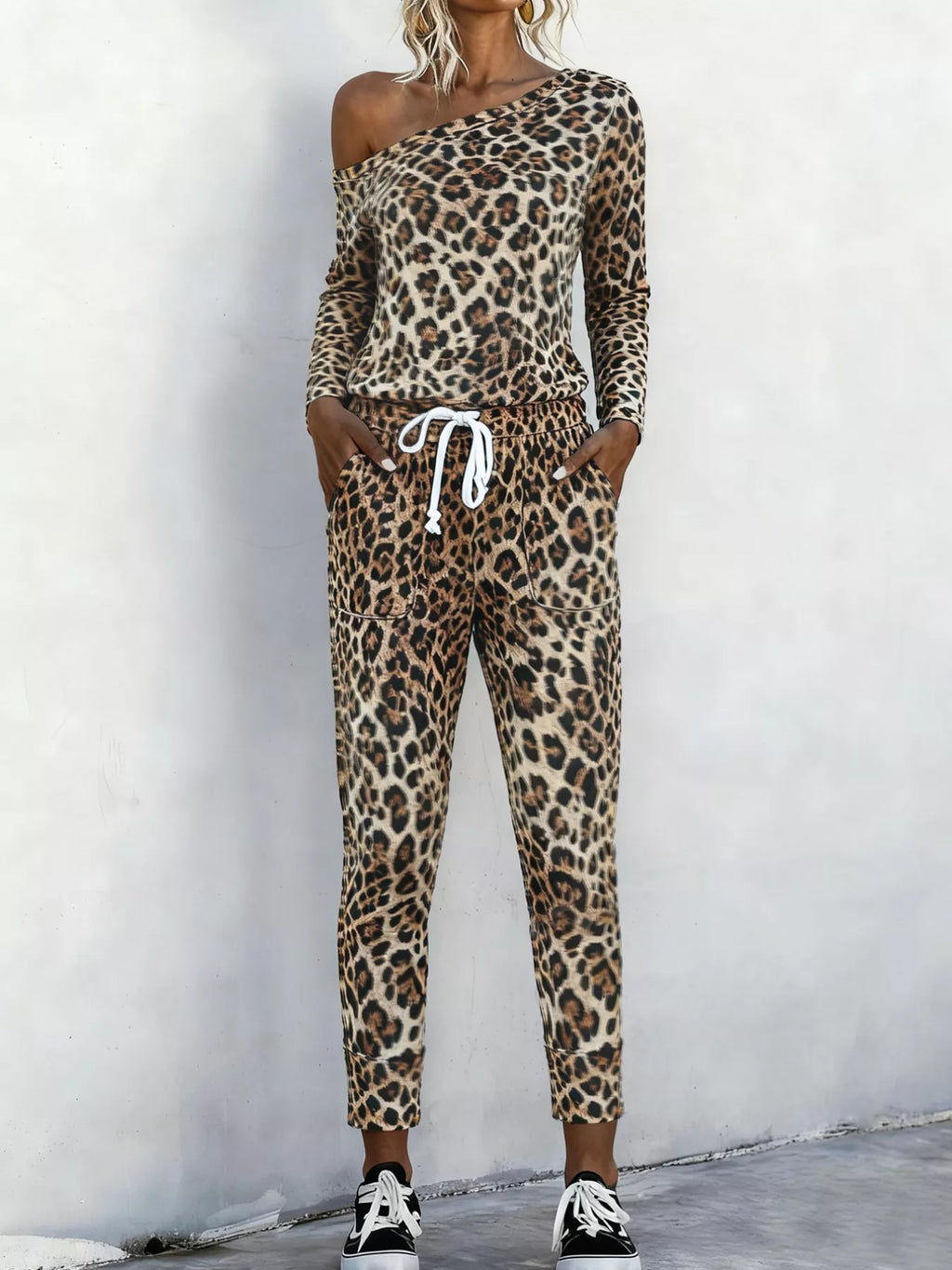 Leopard Print One-Shoulder Top and Pants Set