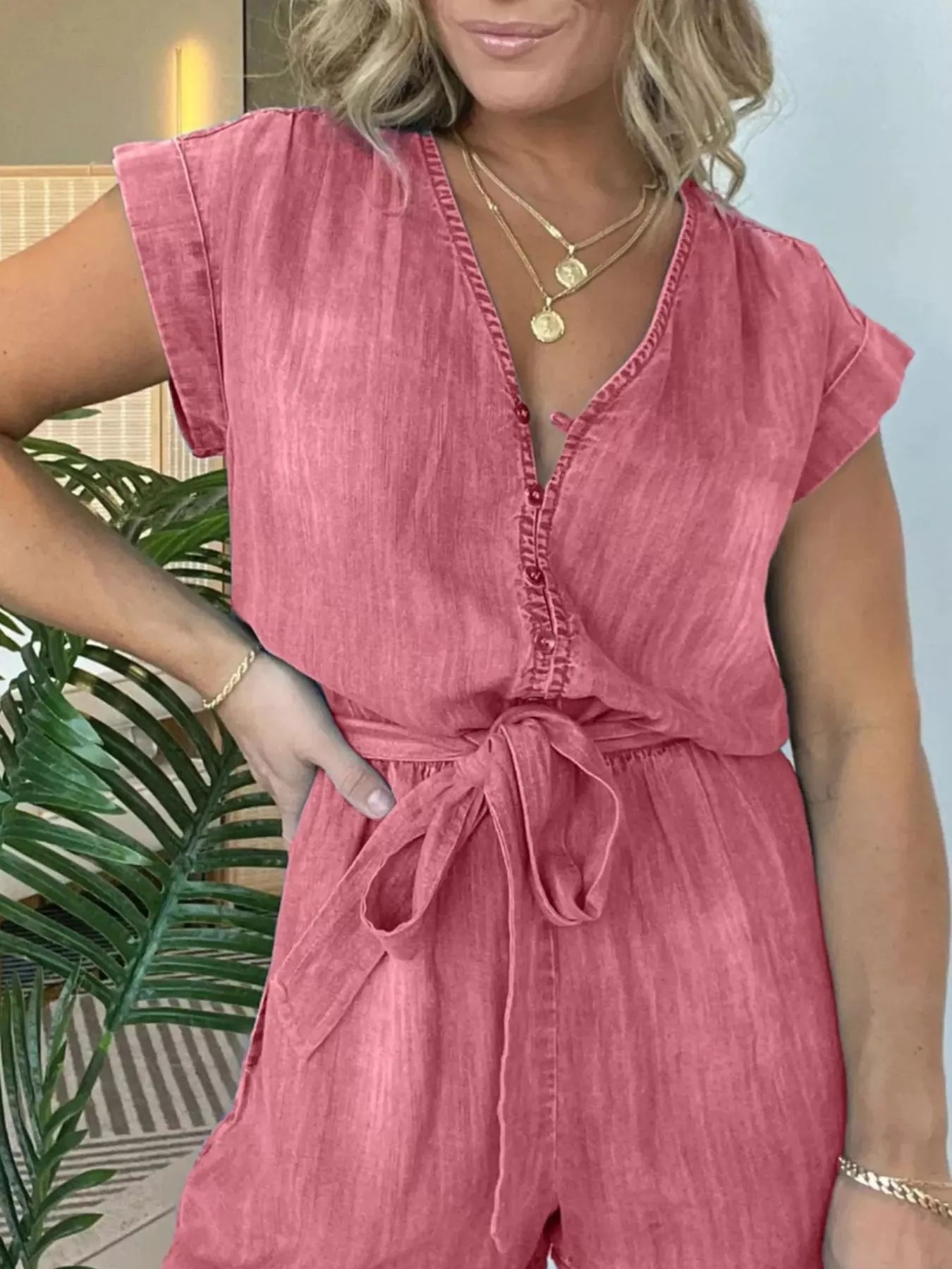 Full Size Tie Waist Cap Sleeve Romper Plus Size