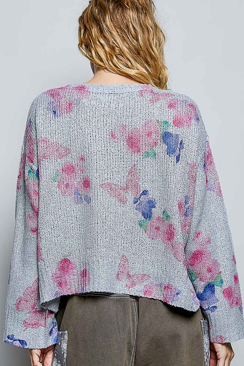 POL Ribbed Butterfly Print Round Neck Knit Top