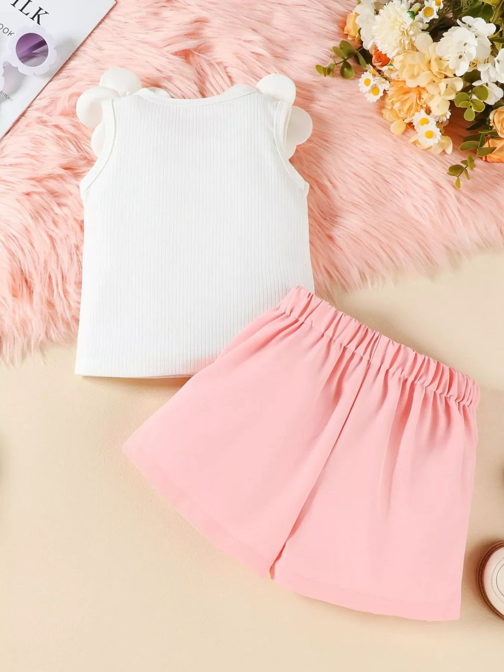 Children's Floral Applique Top & Bow Decor Skirt Set