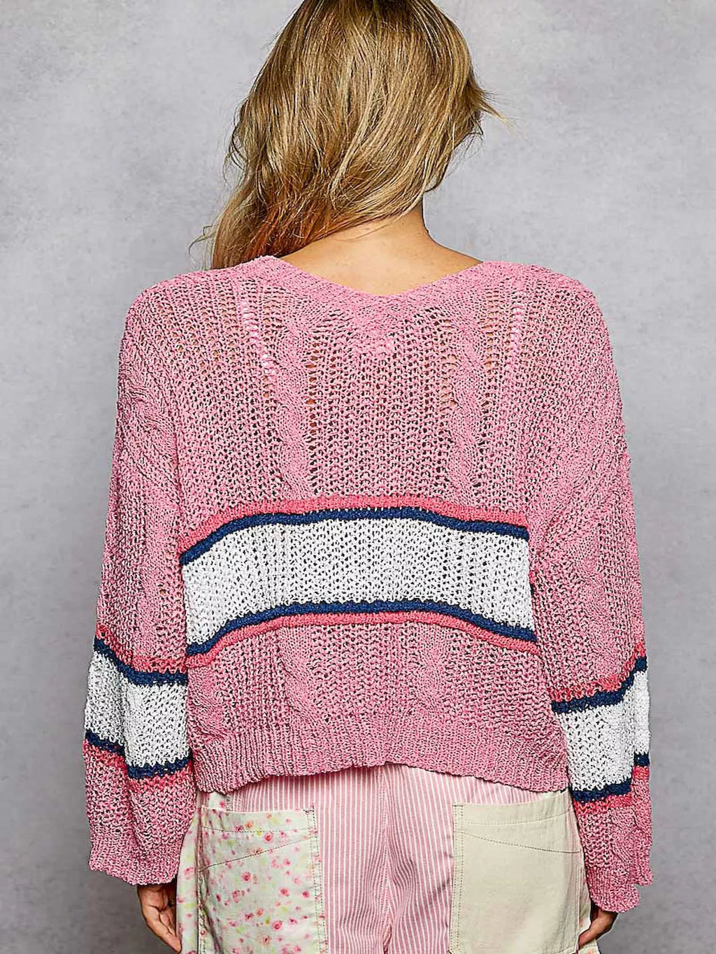 POL V-Neck Striped Pattern Cropped Knit Top with Cable Knit Detail
