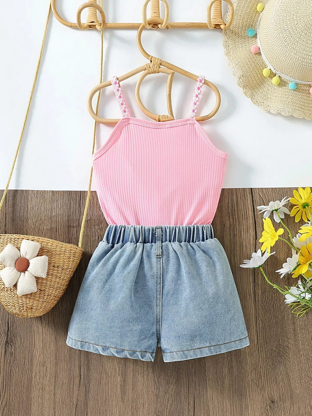 Children's Top & Sunflower Denim Shorts Set