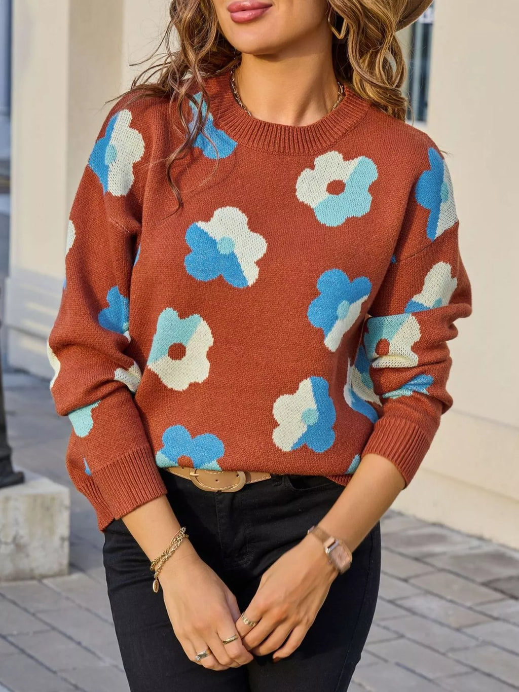 Floral Crew Neck Long Sleeve Sweater